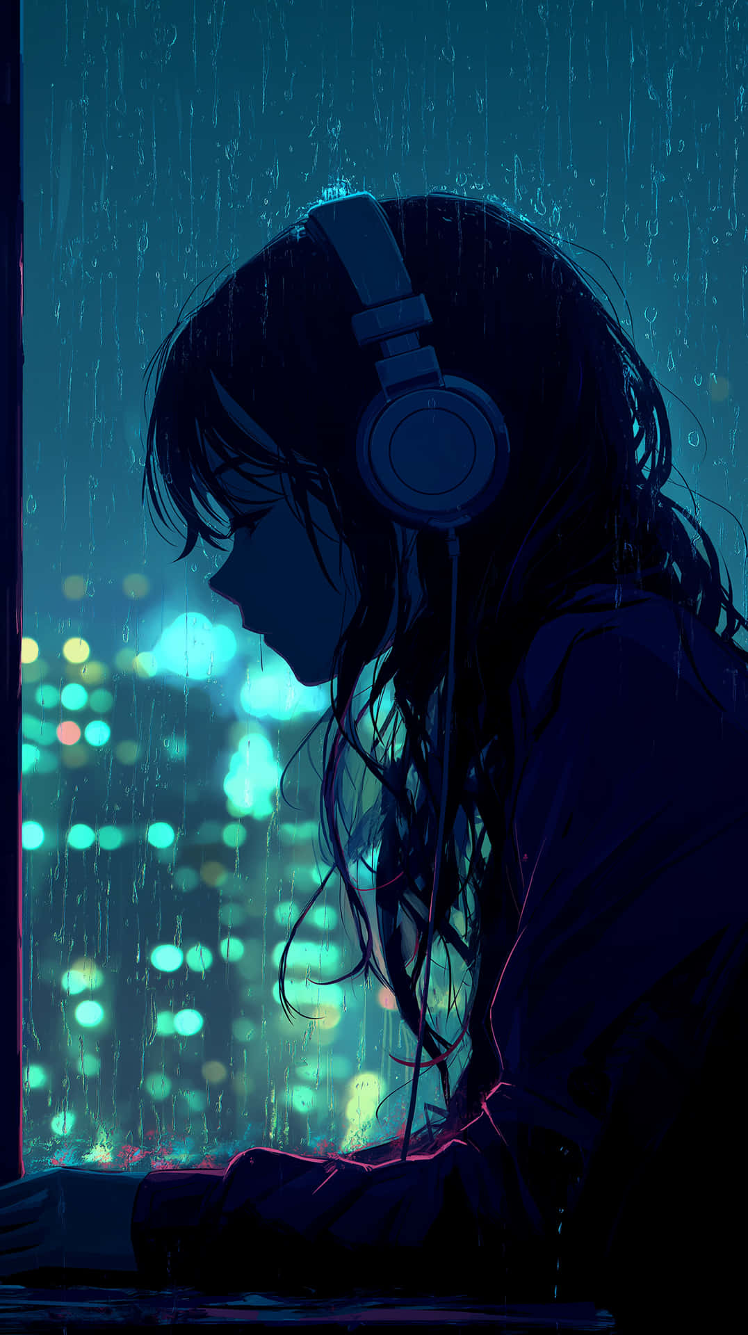 Melancholic Anime Girl with Headphones by a Rainy Window 壁紙 — 一個孤獨的動漫女孩戴著耳機，凝視著雨水斑駁的窗外，城市燈光在深藍色和青綠色調中閃爍。