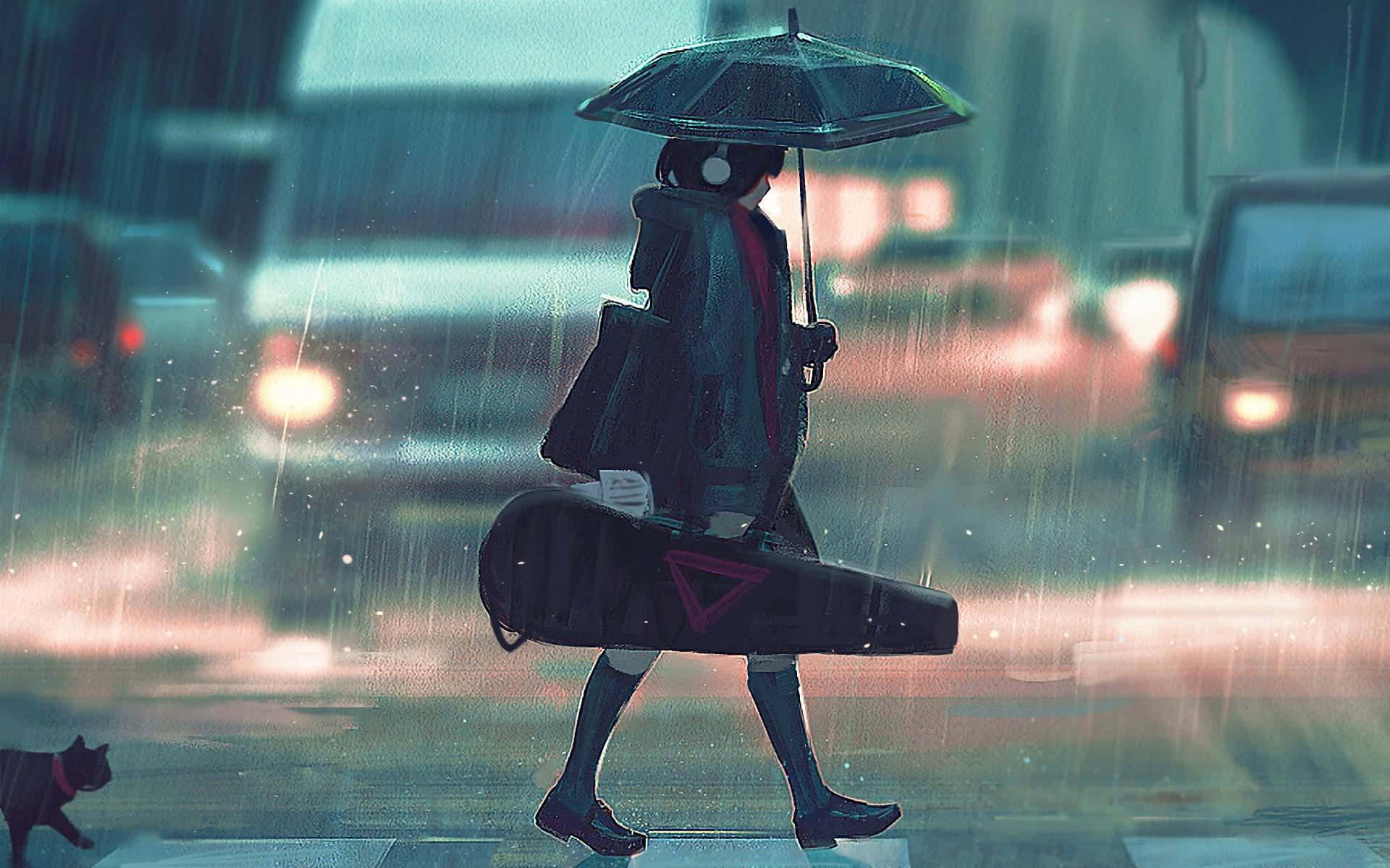 lofi 桌布 壁紙 — 一個孤獨的動漫女孩戴著耳機，在傾盆大雨中撐著傘、拿著吉他盒行走，附近有一隻貓在觀看。
