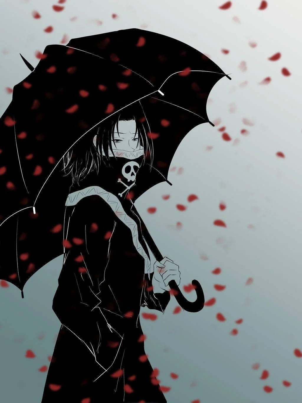 phantom 桌布 壁紙 — 一個孤獨的動漫女孩戴著骷髏面具，撐著黑色雨傘，紅色花瓣在她周圍飄落，背景是陰沉的灰色天空。