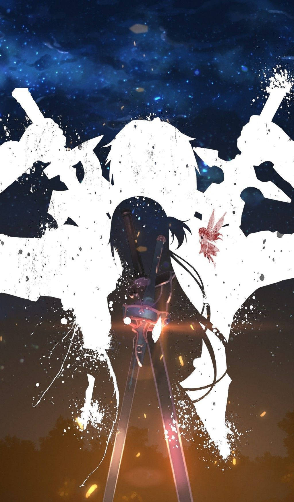 Kirito 桌布 壁紙 — 一個孤獨的動漫女孩拿著發光的劍，站在星空夜空下，伴隨著白色飛濺效果和熾熱的火花。