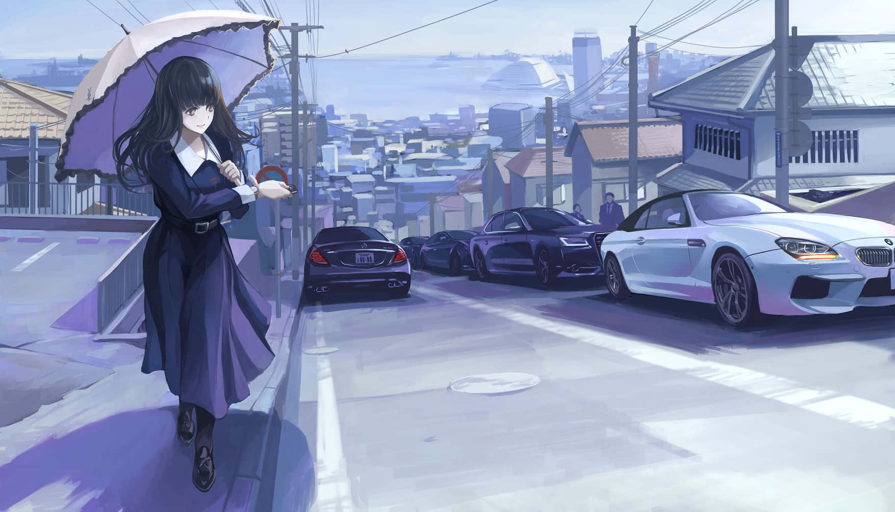 動漫車 桌布 壁紙 — 一個孤獨的動漫女孩拿著紫色雨傘，在朦朧的藍天下沿著一條停滿豪華汽車的寧靜街道行走。