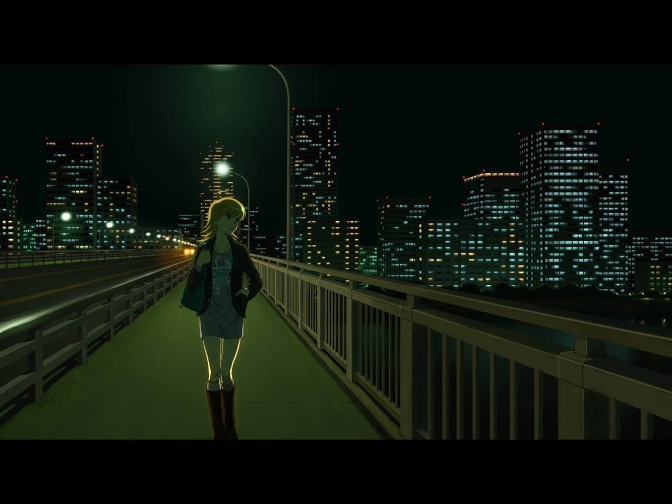 動漫女孩晚上獨自走在橋上，身後是城市燈光。 — 憂鬱動漫女孩 GIF 壁紙