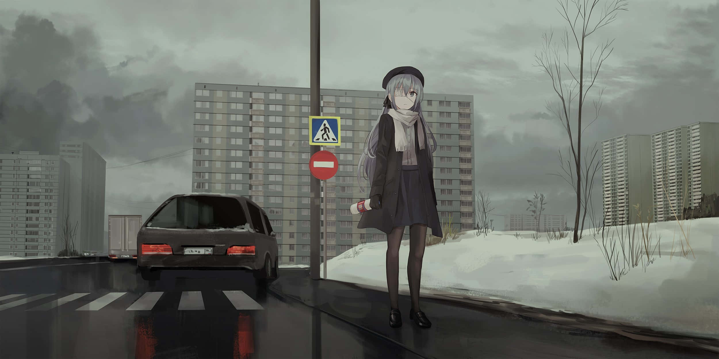 Russian 桌布 壁紙 — 一個孤獨的動漫女孩穿著冬季外套站在雪地行人穿越道，一輛汽車在公寓樓附近陰天天空下停下。