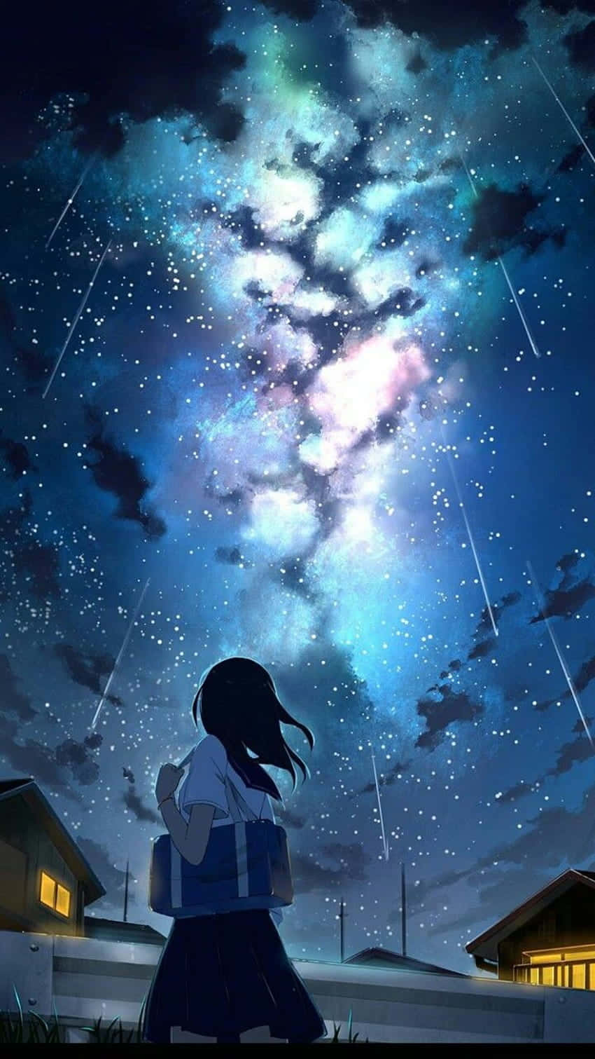 Night Anime 桌布 壁紙 — 一個孤獨的動漫女孩穿著校服，仰望郊區屋頂上方充滿流星和發光星雲的 vibrant 星空。