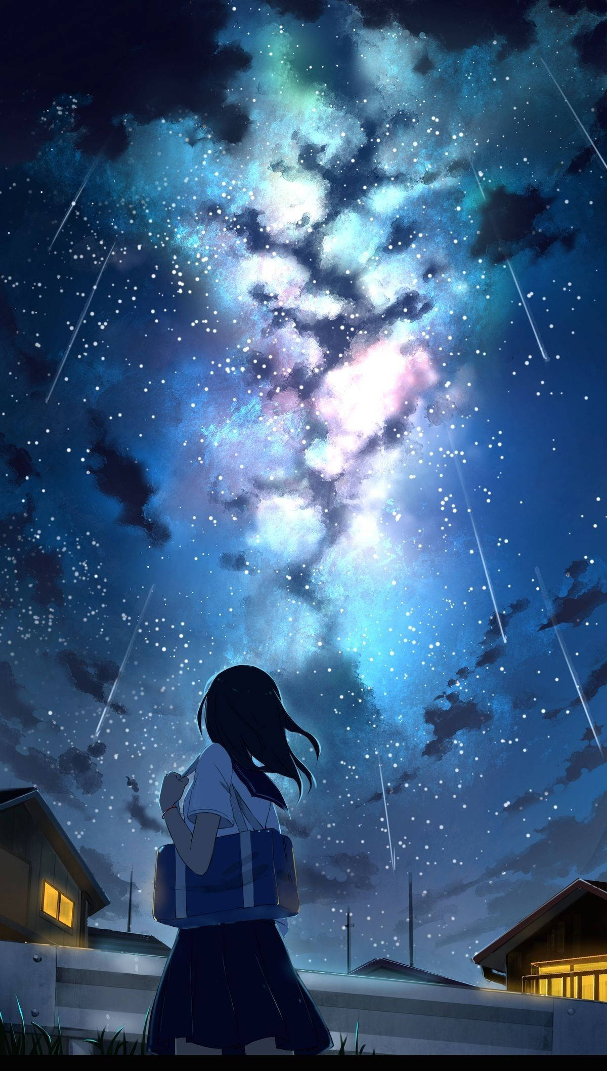 夜空 桌布 壁紙 — 一個孤獨的動漫女孩穿著校服，仰望寧靜郊區上空充滿流星和發光星雲的璀璨星空。