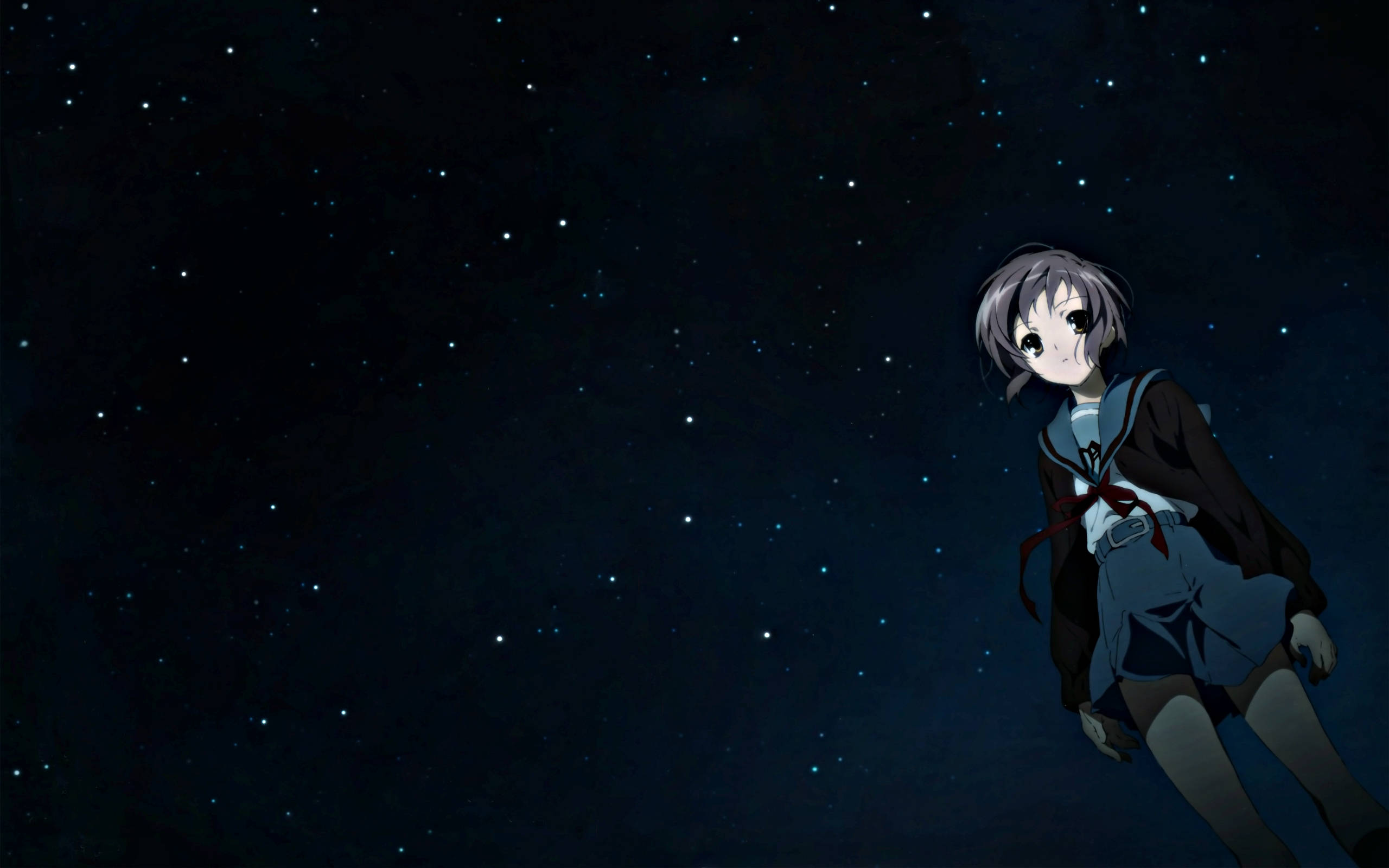 動漫女孩 桌布 壁紙 — 一個孤獨的動漫女孩穿著校服，在廣闊的星空夜空中平靜地漂浮。