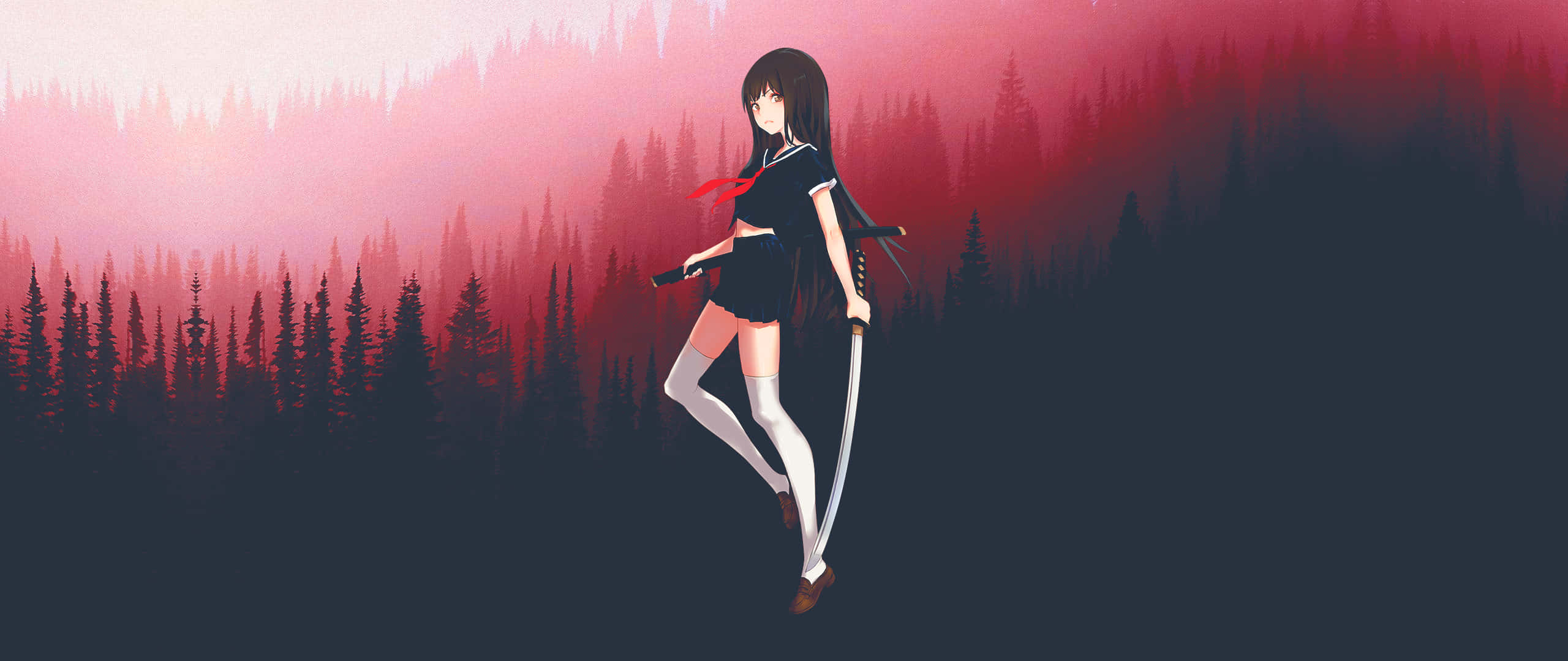 Red And Black Anime 桌布 壁紙 — 一個孤獨的動漫女孩穿著校服，在粉紅色和深色森林漸變背景前揮舞著武士刀。