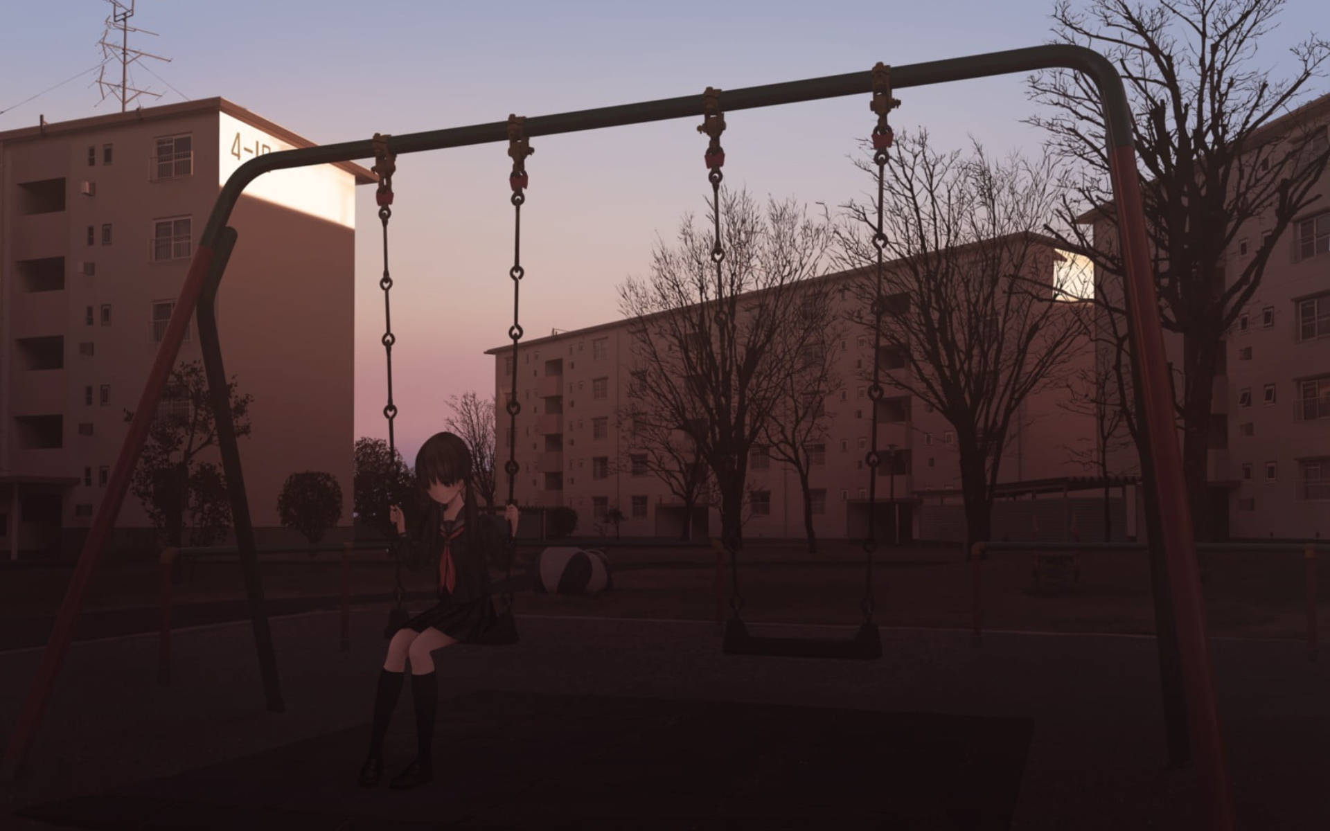 Alone 桌布 壁紙 — 一個孤獨的動漫女孩穿著校服，在黃昏時分坐在鞦韆上，背景是光禿禿的樹木和公寓大樓。