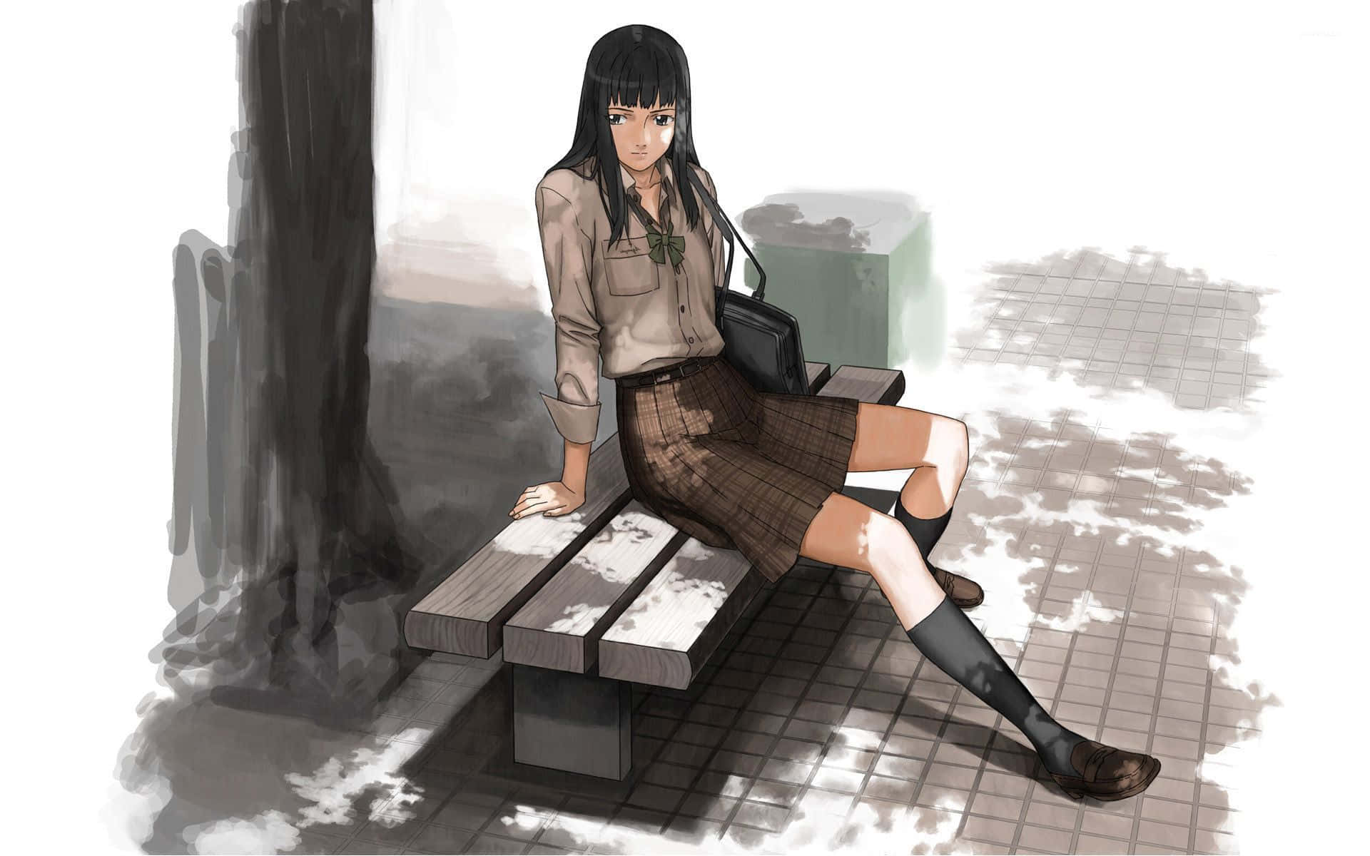 動漫女孩 桌布 壁紙 — 一個孤獨的動漫女孩穿著校服，坐在長椅上，斑駁的陽光在瓷磚地上投下柔和的陰影。