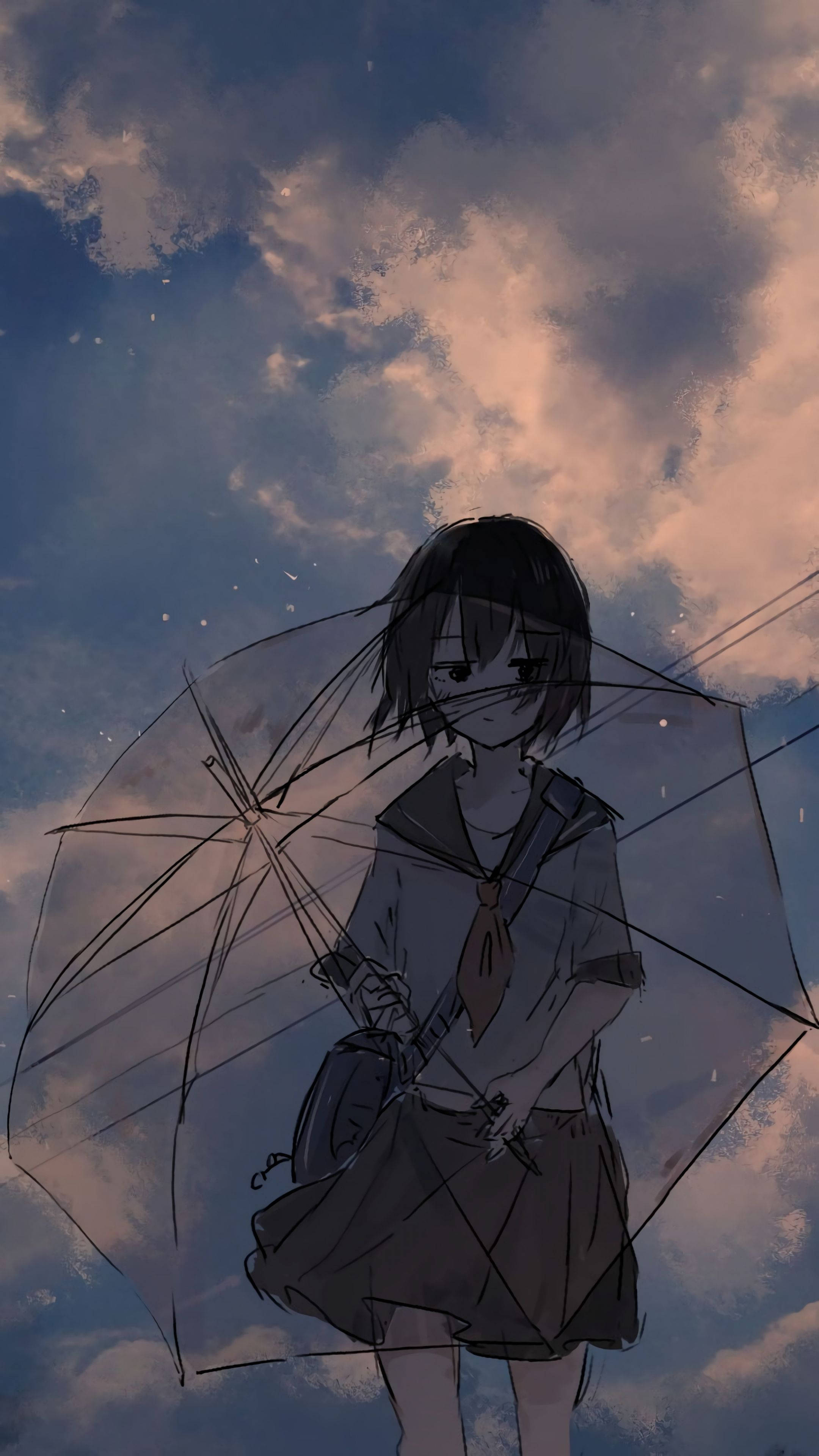 aesthetic sad anime girl 桌布 壁紙 — 一個孤獨的動漫女孩穿著校服，拿著透明雨傘，背景是充滿柔和雲朵和落雨的暮色天空。