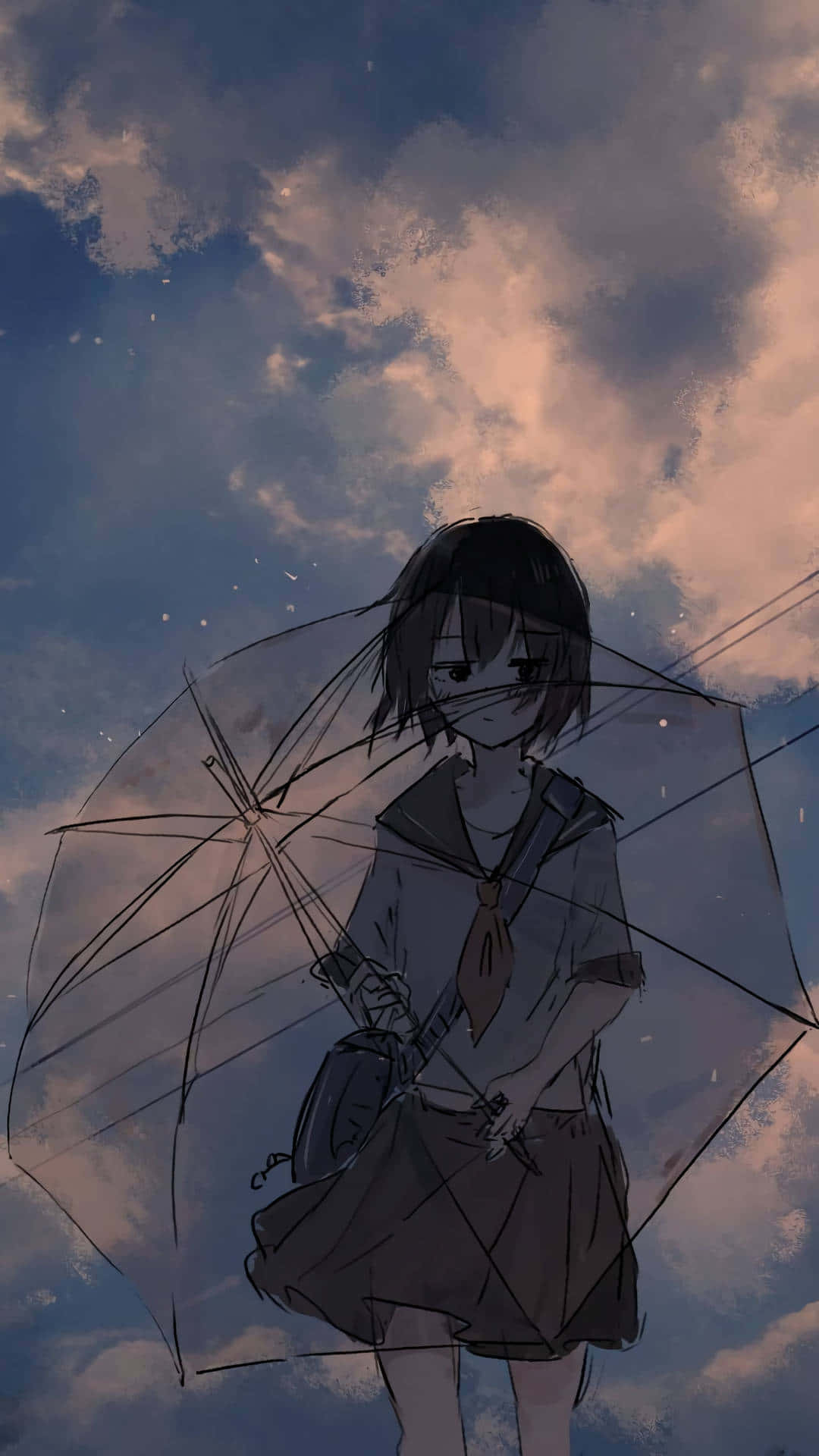 動漫風格 桌布 壁紙 — 一個孤獨的動漫女孩穿著校服，撐著透明雨傘，背景是充滿柔和雲朵和漂浮粒子的暮色天空。