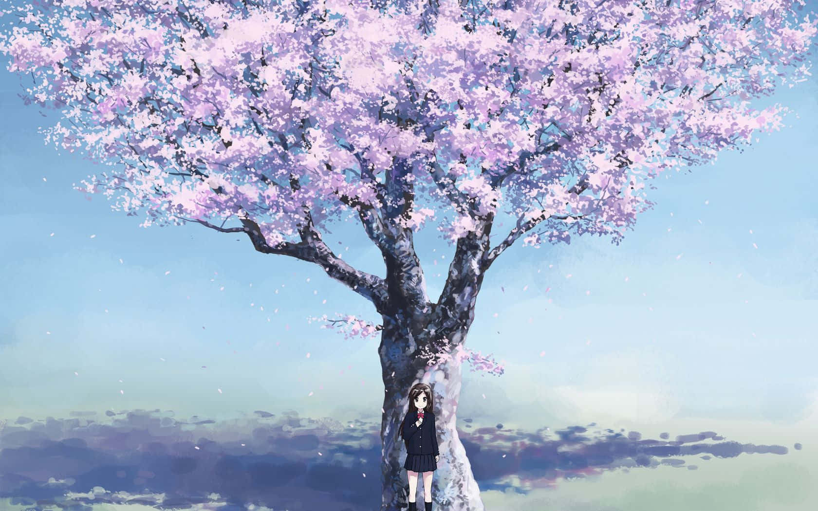 Sakura Anime 桌布 壁紙 — 一個孤獨的動漫女孩穿著校服，站在一棵巨大的櫻花樹下，粉紅色的花瓣在柔和的粉彩天空中飄揚。