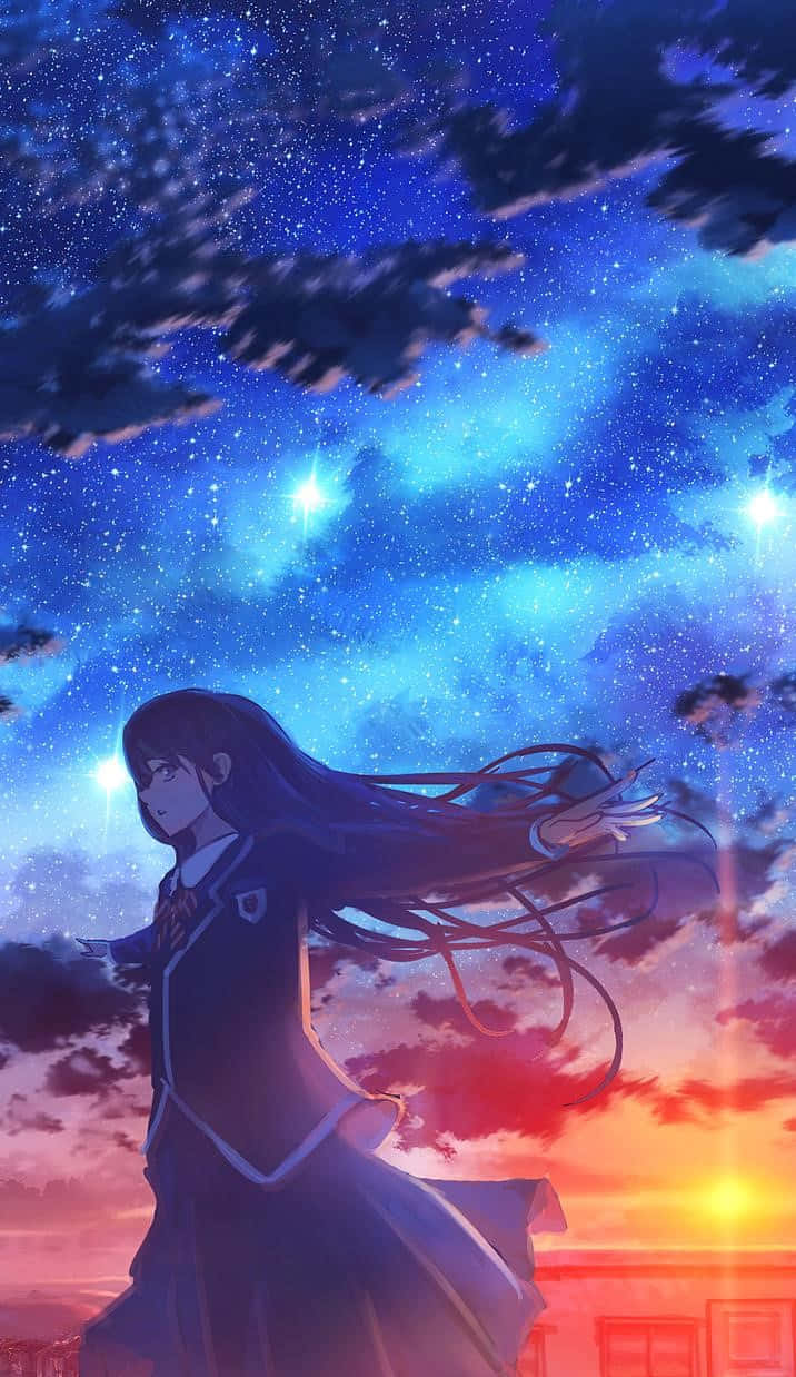 動漫 桌布 壁紙 — 一個孤獨的動漫女孩穿著校服，站在充滿星星和發光雲彩的充滿活力的暮色天空下。