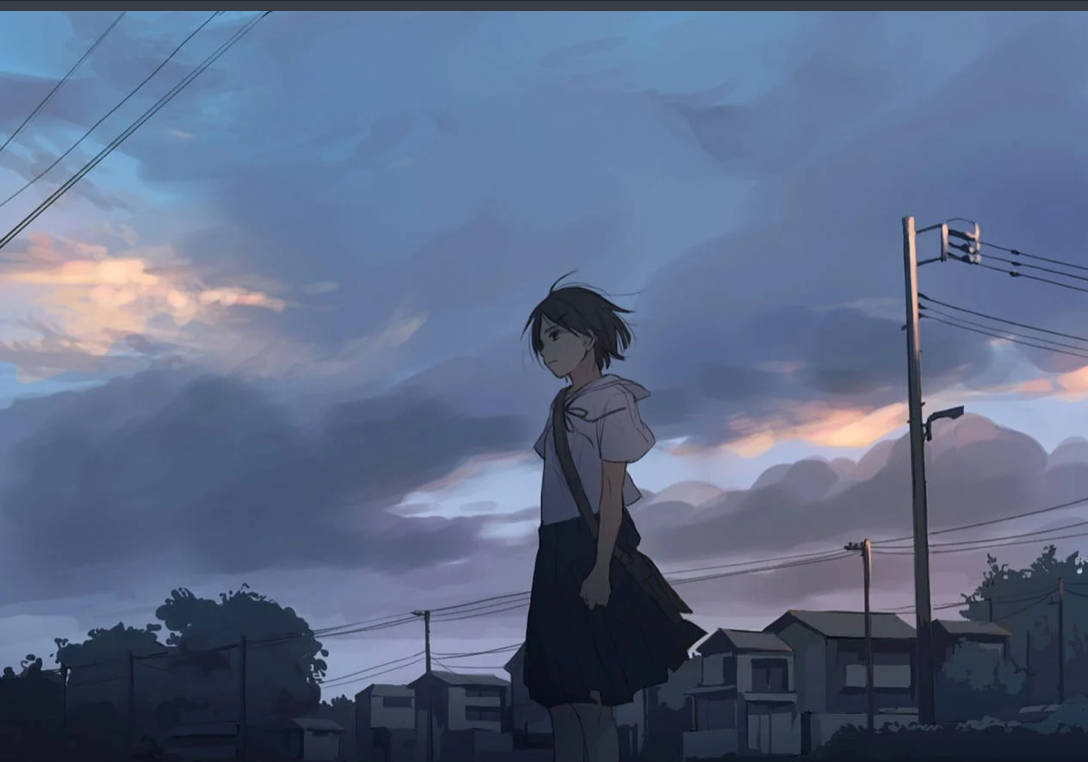 4K 桌布 壁紙 — 一個孤獨的動漫女孩穿著校服，站在暮色天空下，雲朵染上柔和橙色和藍色，籠罩在郊區屋頂之上。