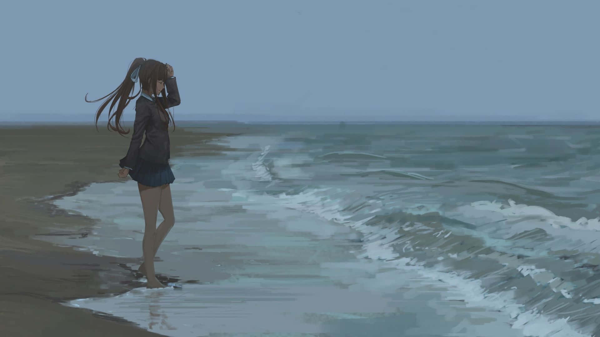 海灘 桌布 壁紙 — 一個孤獨的動漫女孩穿著校服，赤腳站在霧濛濛的海灘上，海浪在蒼白的天空下翻滾。