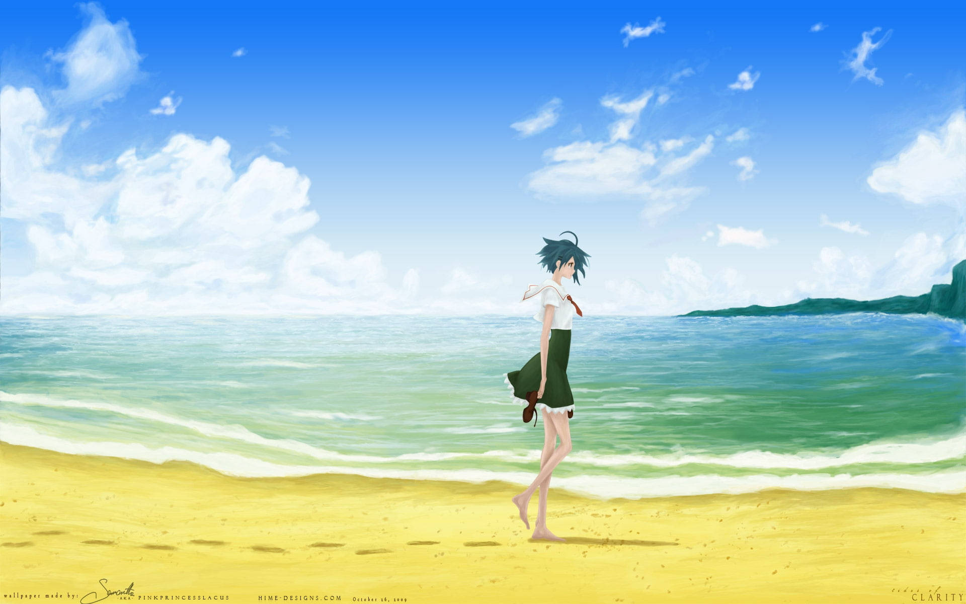 海灘 桌布 壁紙 — 一個孤獨的動漫女孩穿著校服，赤腳走在陽光明媚的海灘上，有藍綠色的海浪和明亮的藍天。