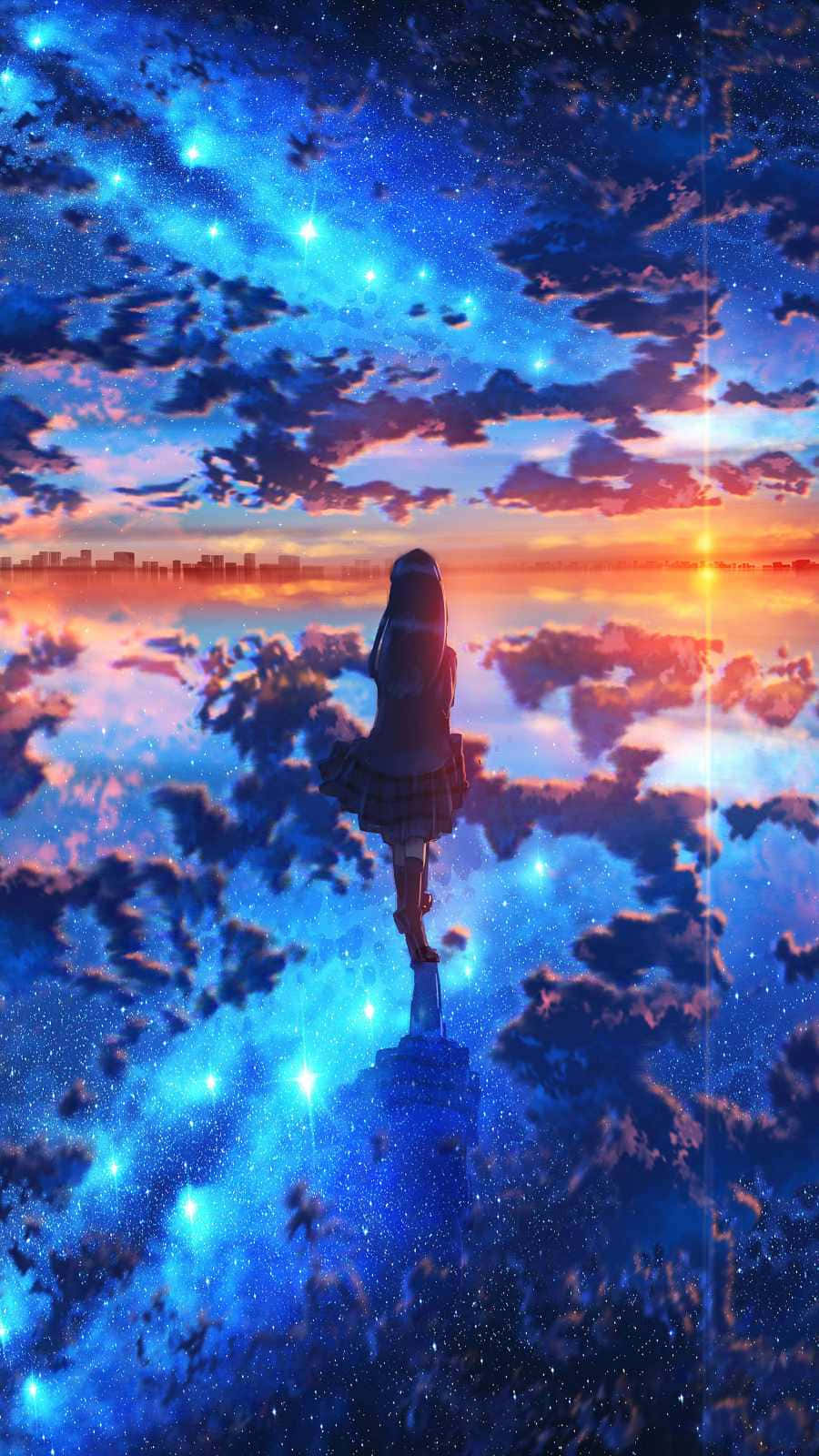 Night Anime 桌布 壁紙 — 一個孤獨的動漫女孩穿著校服站在柱子上，凝視著超現實的天空，雲彩反射著發光的日落和星星。