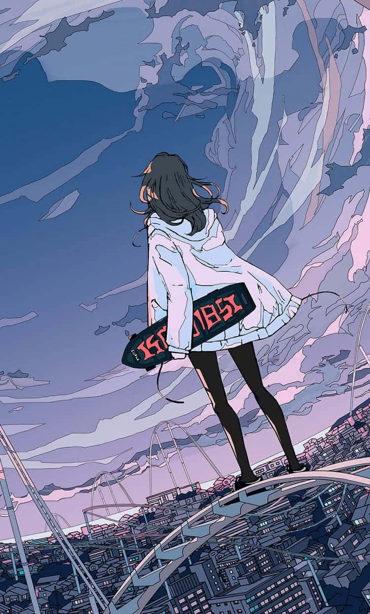 aesthetic anime girl iPhone 桌布 壁紙 — 一個孤獨的動漫女孩穿著白色外套，站在雲霄飛車頂端，俯瞰暮色中蔓延的城市。