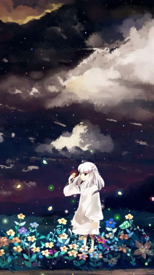 Inuyasha Kanna 桌布 壁紙 — 一個孤獨的動漫女孩穿著白色連衣裙，站在閃爍的花朵中，星空下飄浮著雲朵。