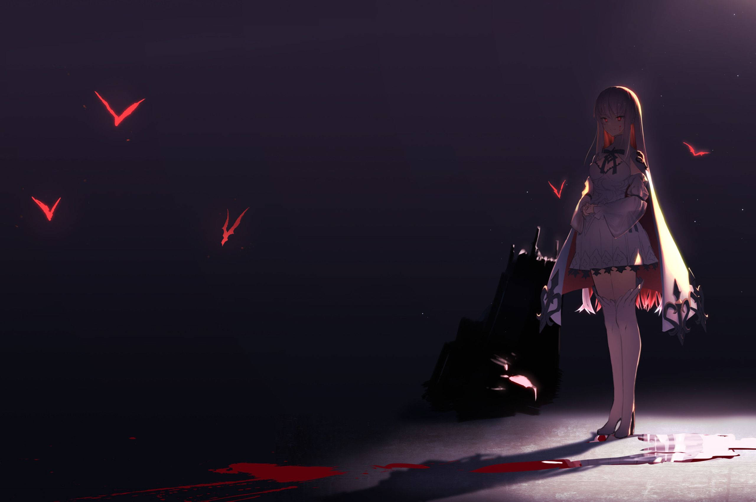 動漫惡魔 桌布 壁紙 — 一個孤獨的動漫女孩穿著白色連衣裙，站在黑暗的虛空中，聚光燈下有發光的紅鳥和血跡。