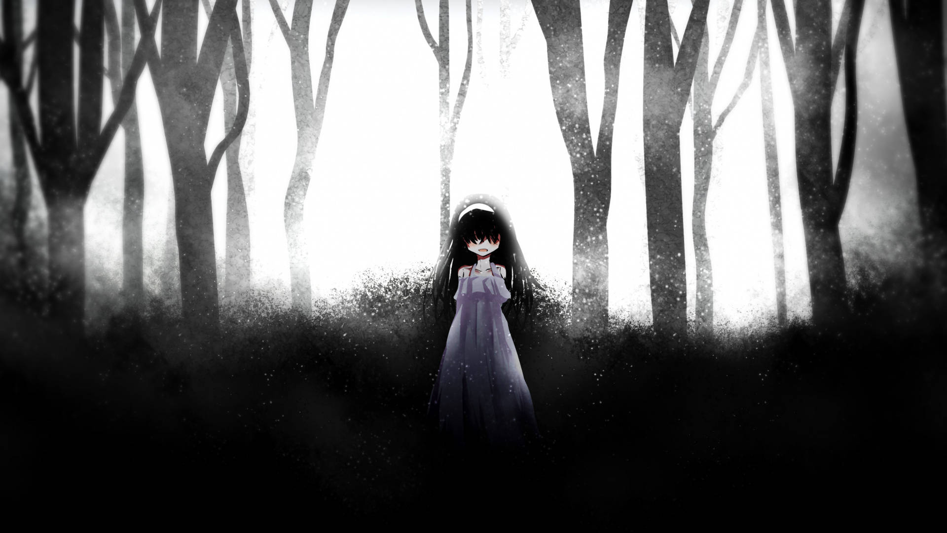 Creepy Anime 桌布 壁紙 — 一個孤獨的動漫女孩穿著紫色連衣裙，站在黑暗的森林中，伴隨著刺眼的白色背光和飄落的雪花。
