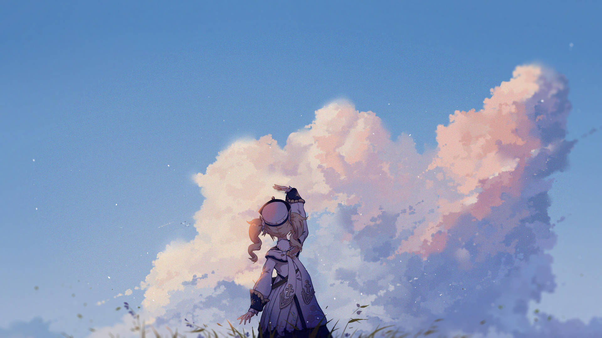 Genshin 桌布 壁紙 — 一個孤獨的動漫女孩穿著紫色連衣裙，站在長滿草的山丘上，凝視著一個巨大的粉紅色和藍色心形雲。