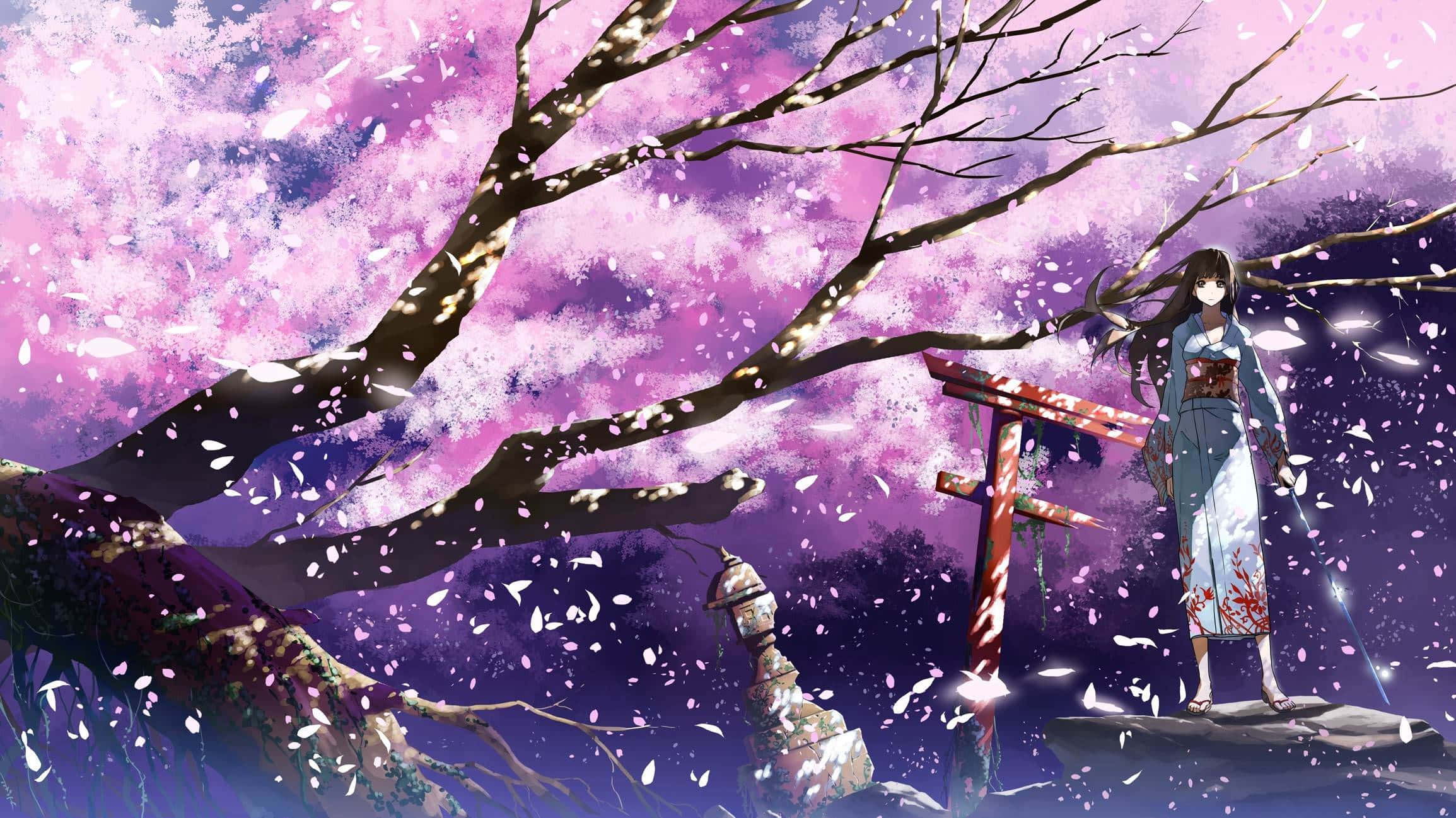 Sakura Blossom 桌布 壁紙 — 一個孤獨的動漫女孩穿著花卉和服，站在紅色的鳥居旁，在佈滿飄落櫻花的黃昏天空下。