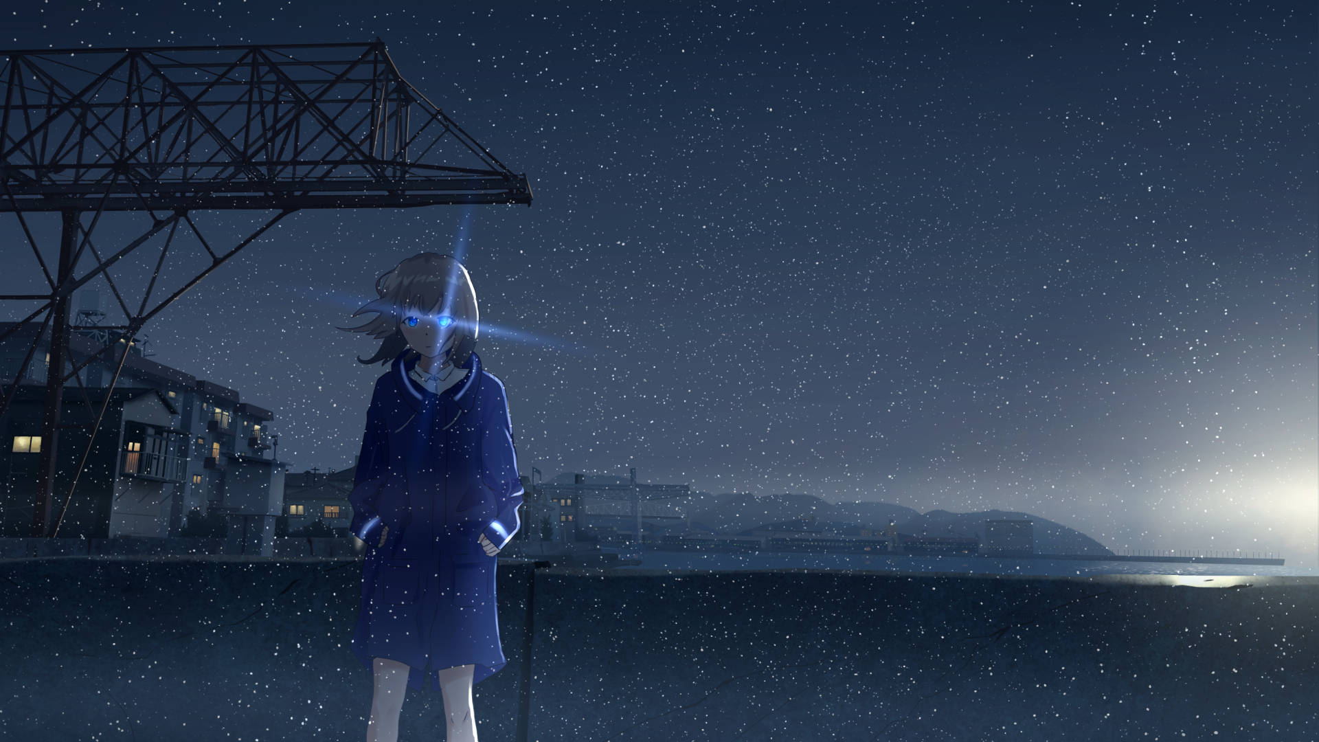 Sad Girl 桌布 壁紙 — 一個孤獨的動漫女孩穿著藍色外套，站在星空下，旁邊是俯瞰沿海城鎮的生鏽起重機。