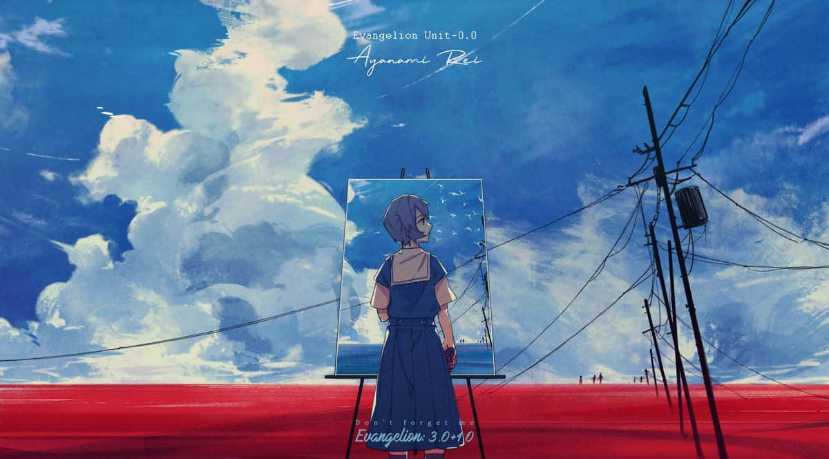 Evangelion 30 10 桌布 壁紙 — 一個孤獨的動漫女孩穿著藍色連衣裙站在畫架前，在電線下繪畫廣闊的天空在超現實的紅色景觀上。