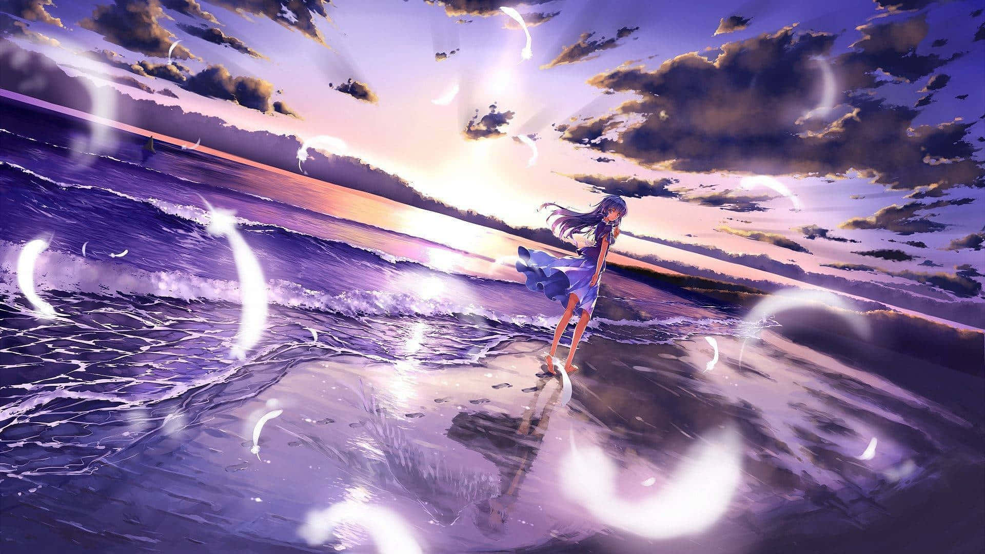 Beautiful Anime 桌布 壁紙 — 一個孤獨的動漫女孩穿著藍色連衣裙站在紫色調的海灘上，發光的彎月在她周圍旋轉，夕陽西下。