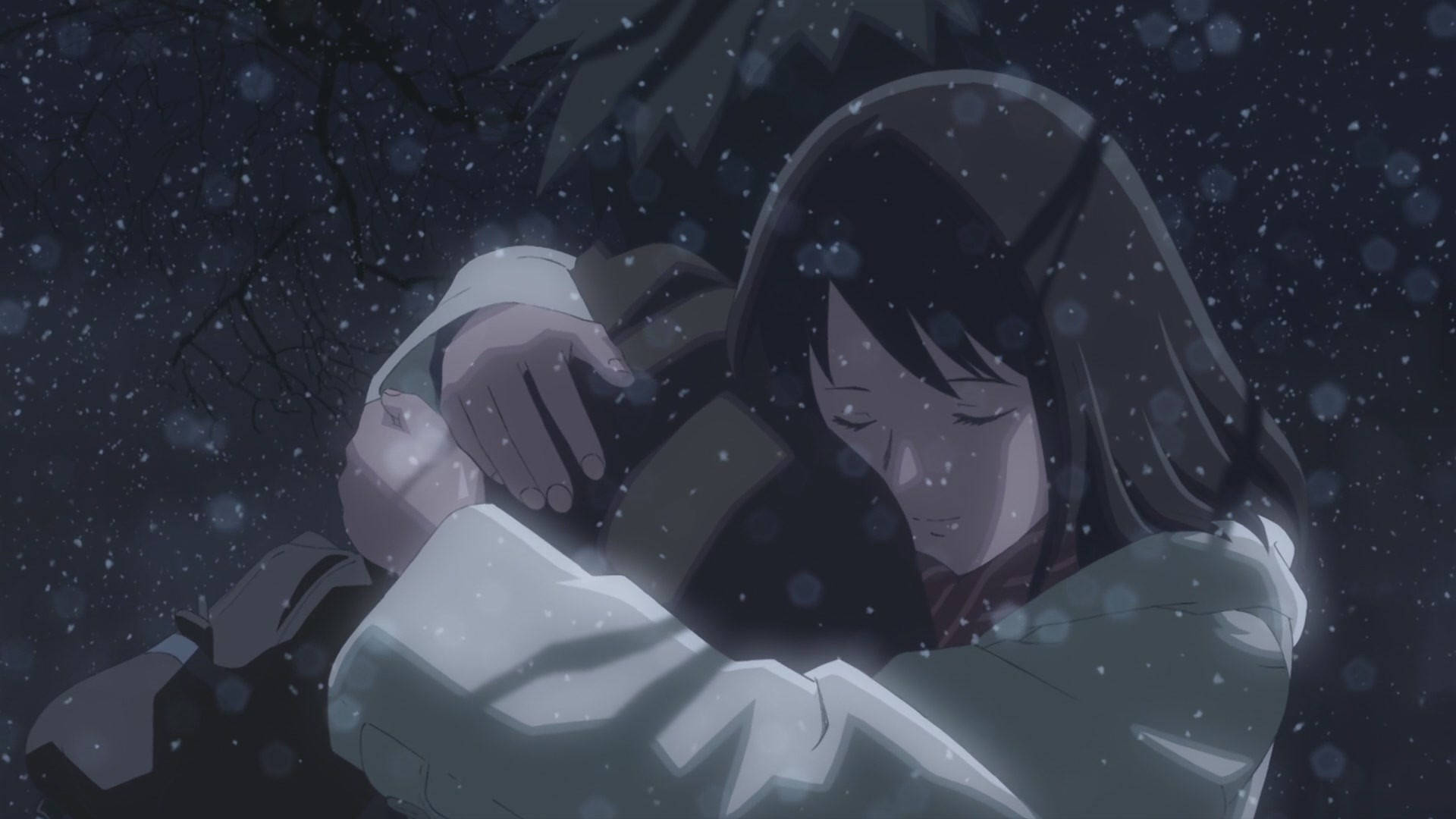 Makoto Shinkai 桌布 壁紙 — 一個孤獨的動漫女孩穿著連帽外套，在黑暗星空下緊緊抱住自己，抵擋飄落的雪花。