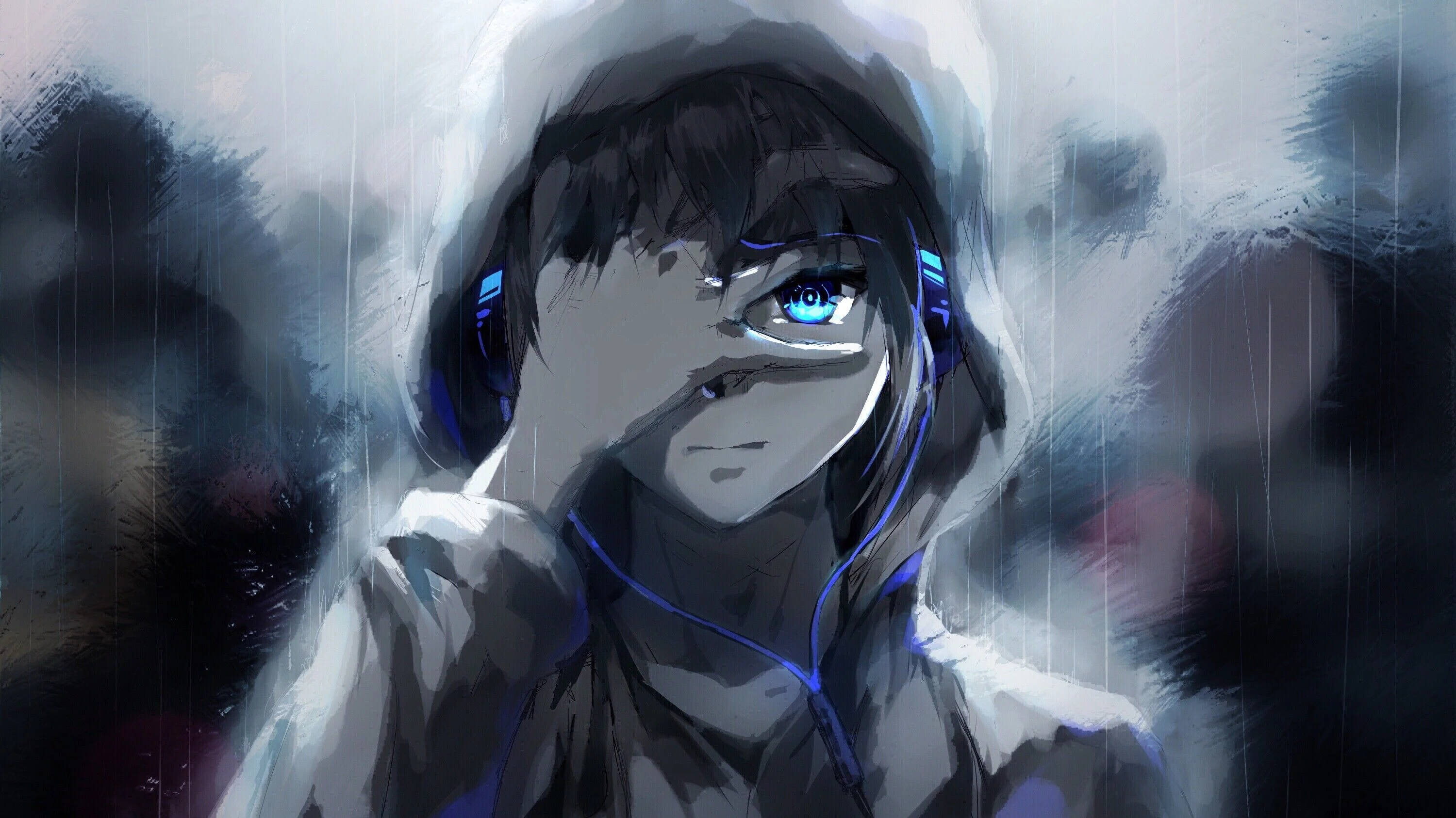 動漫女孩 桌布 壁紙 — 一個孤獨的動漫女孩穿著連帽衫，戴著發光的藍色耳機聽音樂，雨水在她周圍落下，形成一幅陰鬱的數位畫作。