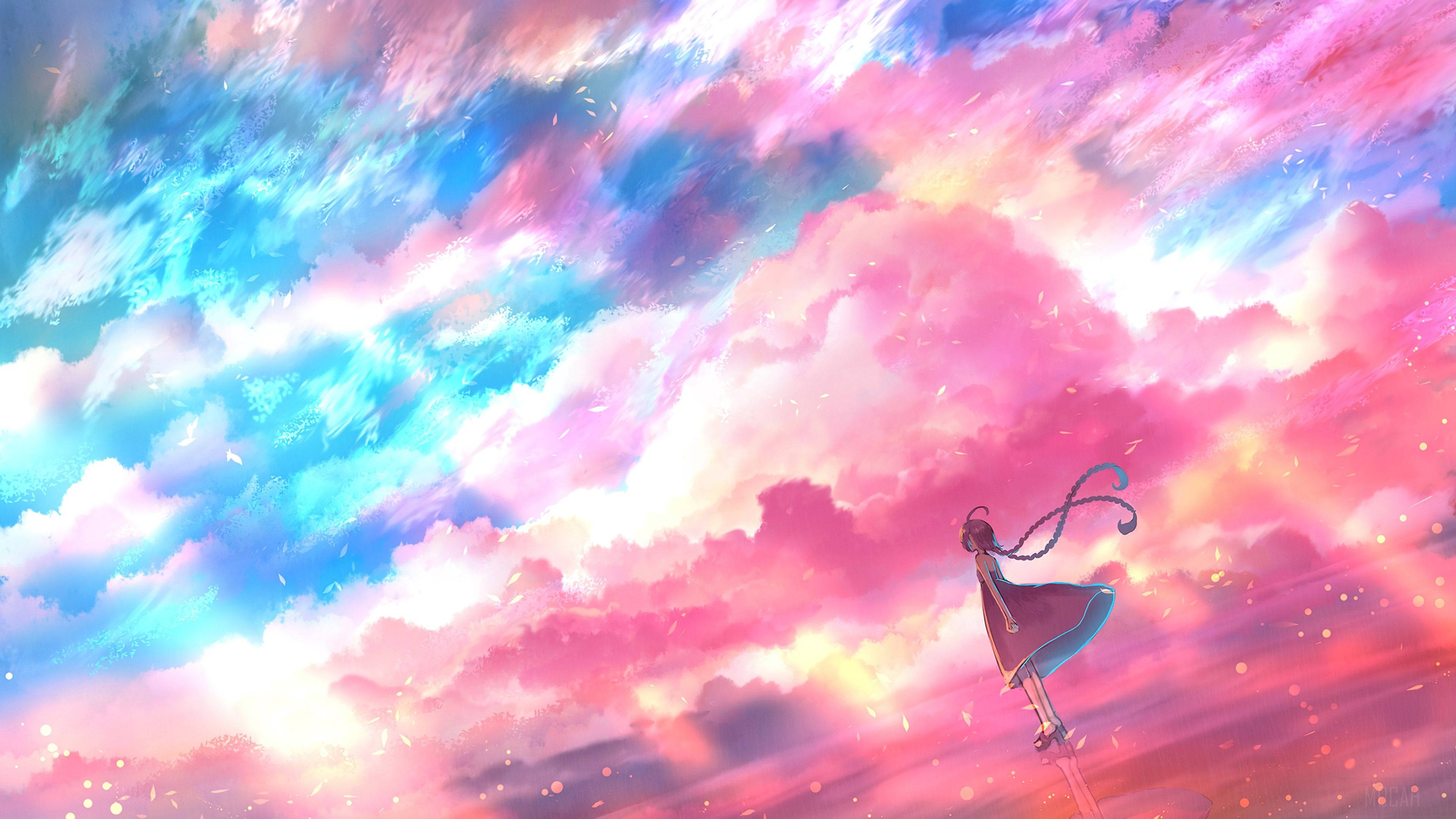 Clouds Aesthetics 桌布 壁紙 — 一個孤獨的動漫女孩穿著飄逸的連衣裙，站在橫樑上，背景是充滿粉紅色、藍色和金色雲朵的鮮豔天空。
