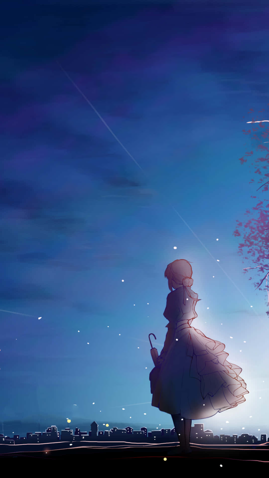 Violet Evergarden iPhone 桌布 壁紙 — 一個孤獨的動漫女孩穿著飄逸的連衣裙，在點綴著星星和下方城市燈光的暮色天空中形成剪影。