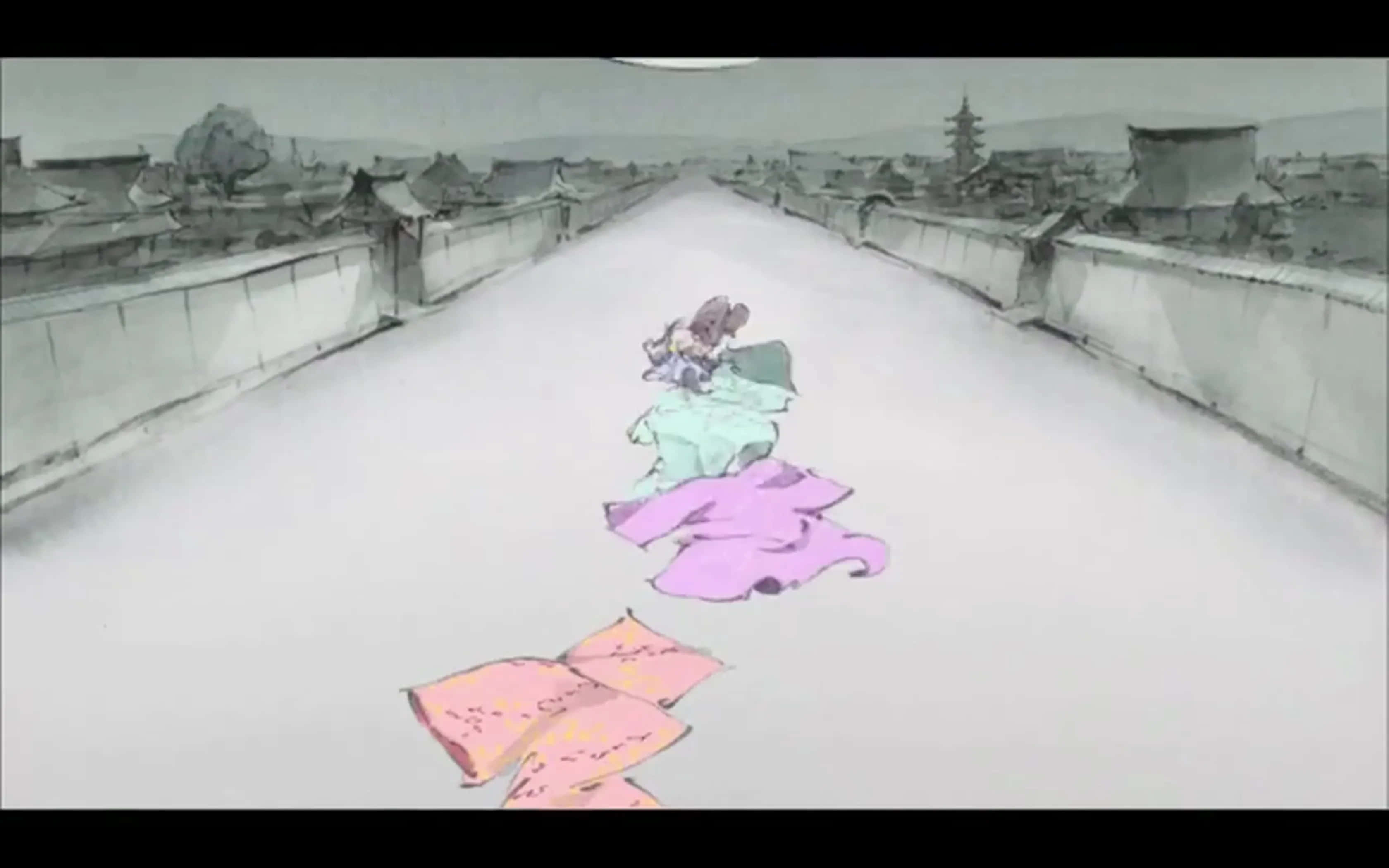 The Tale Of The Princess Kaguya 桌布 壁紙 — 一個孤獨的動漫女孩穿著飄逸的長袍，走在一條長長的雪橋上，兩旁是傳統建築。