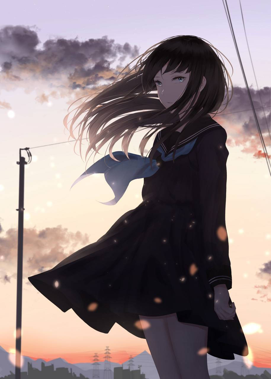 動漫女孩 桌布 壁紙 — 一個孤獨的動漫女孩穿著黑色水手服，站在黃昏的天空下，風吹動她的頭髮和裙子。