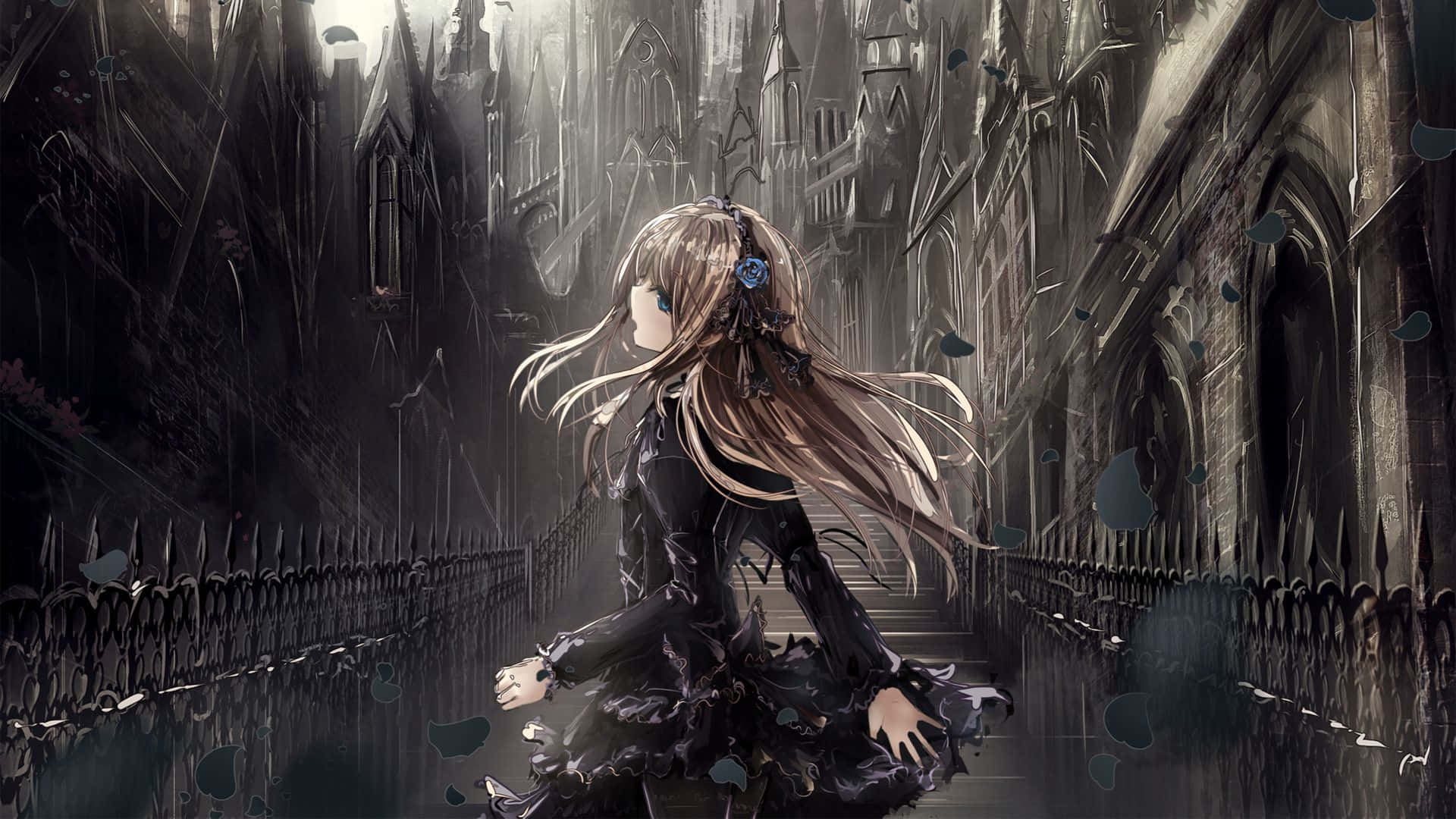 Gothic Anime 桌布 壁紙 — 一個孤獨的動漫女孩穿著黑色連衣裙，走在一條哥德式小巷中，兩旁是 crumbling 的石頭建築和飄浮的花瓣。