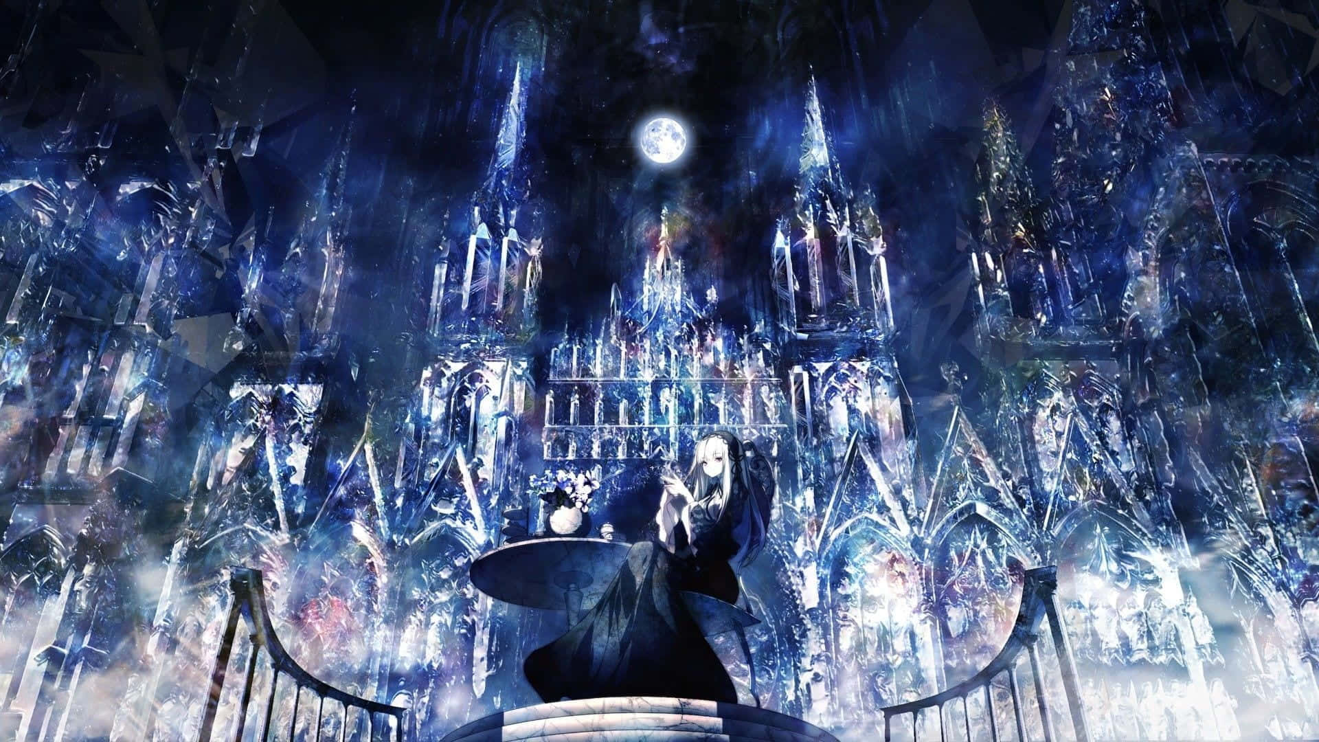 Gothic Costumes 桌布 壁紙 — 一個孤獨的動漫女孩穿著黑色連衣裙，坐在一張桌子前，面前是一座高聳、發光的藍色水晶大教堂，背景是滿月。