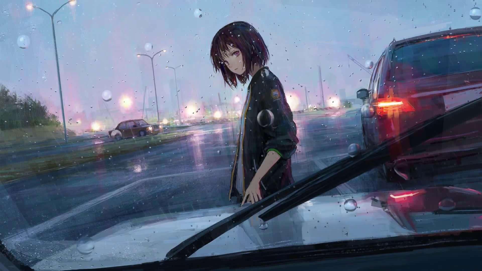 動漫 桌布 壁紙 — 一個孤獨的動漫女孩站在一輛汽車旁邊，在雨中的城市街道上，街燈透過落下的雨水閃耀。