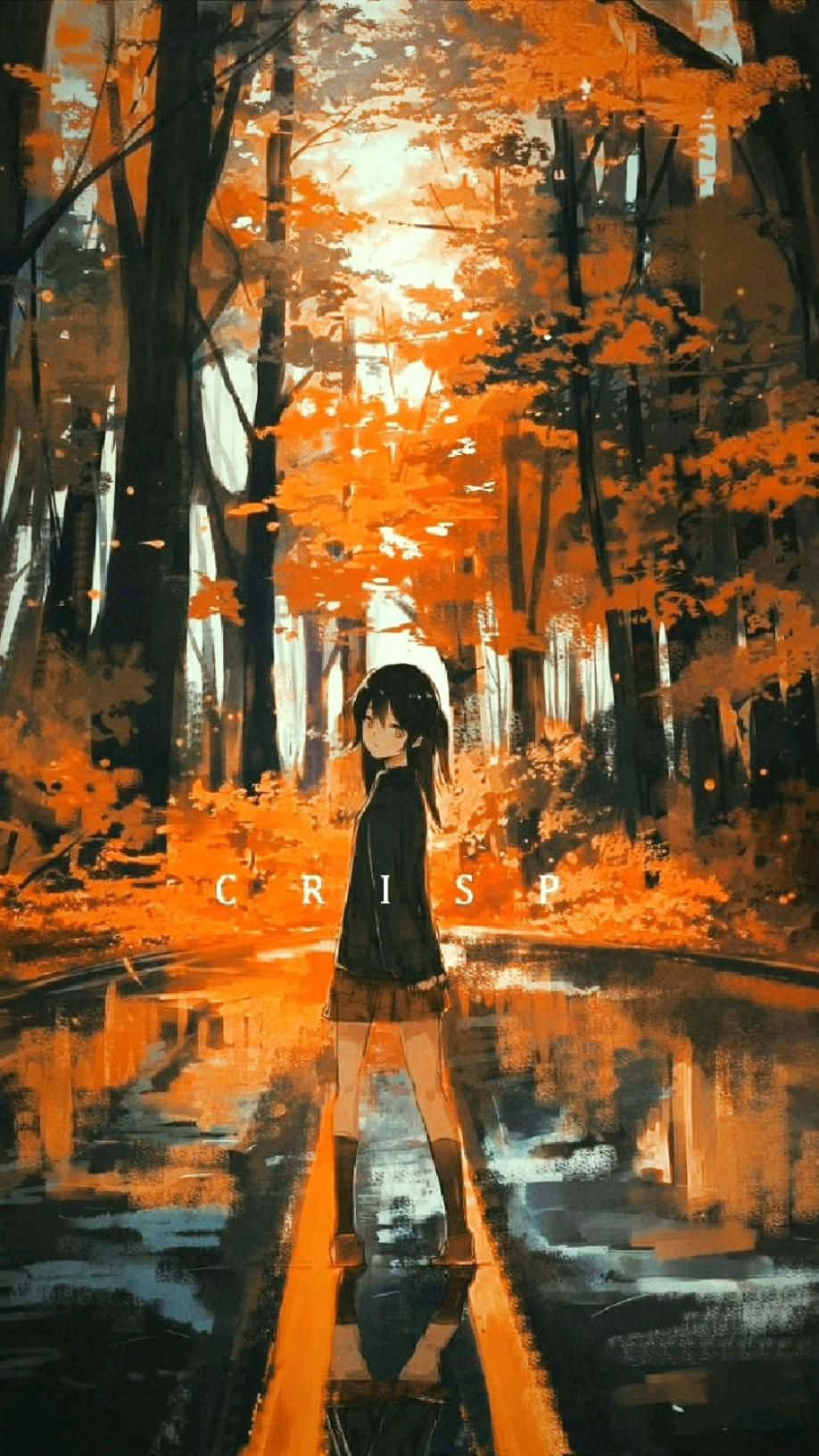 reflection 桌布 壁紙 — 一個孤獨的動漫女孩站在充滿活力的秋日森林中，有橙色的樹葉和潮濕反光的地面，在柔和的金色光線下。
