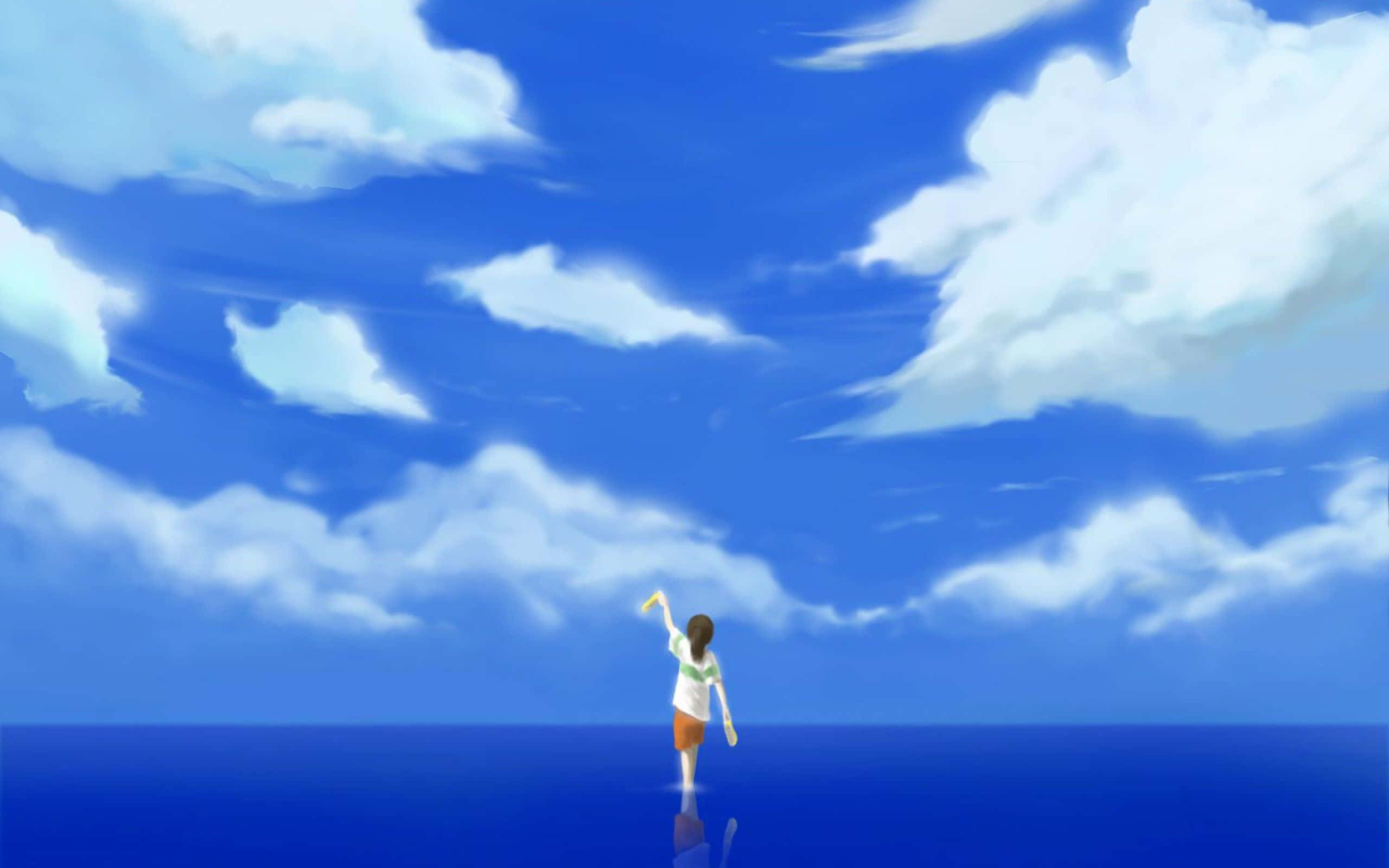 Aesthetic Ghibli 桌布 壁紙 — 一個孤獨的動漫女孩站在反射藍色表面上，伸手朝向充滿蓬鬆白雲的廣闊天空。
