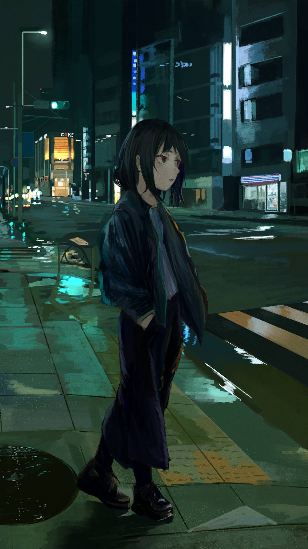 Sad Anime Phone 桌布 壁紙 — 一個孤獨的動漫女孩站在夜晚被雨水浸濕的城市街道上，霓虹燈光反射在潮濕的路面上。
