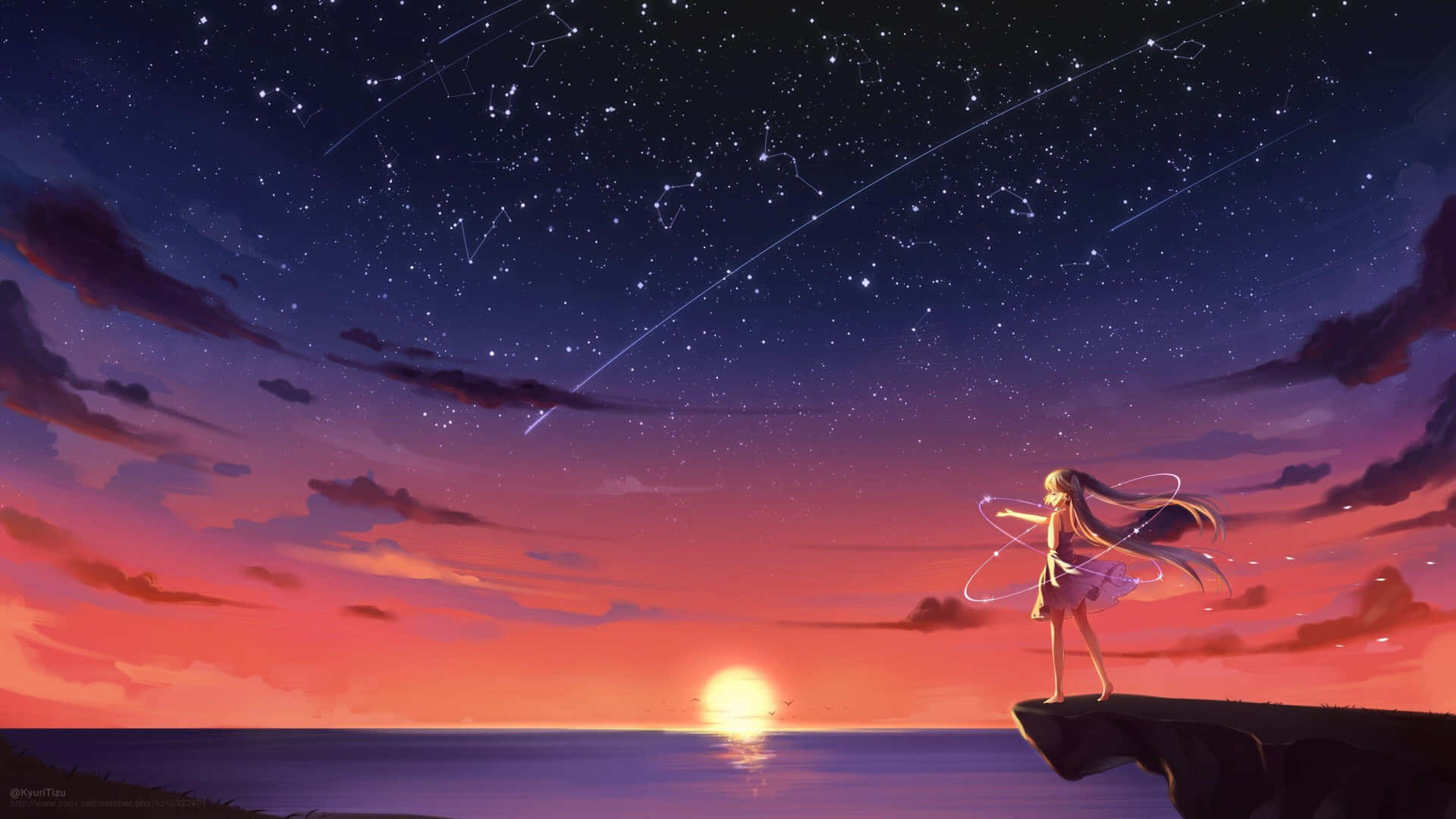 miku 桌布 壁紙 — 一個孤獨的動漫女孩站在懸崖邊，夕陽西下，她張開雙臂，流星劃過充滿活力的暮色天空。