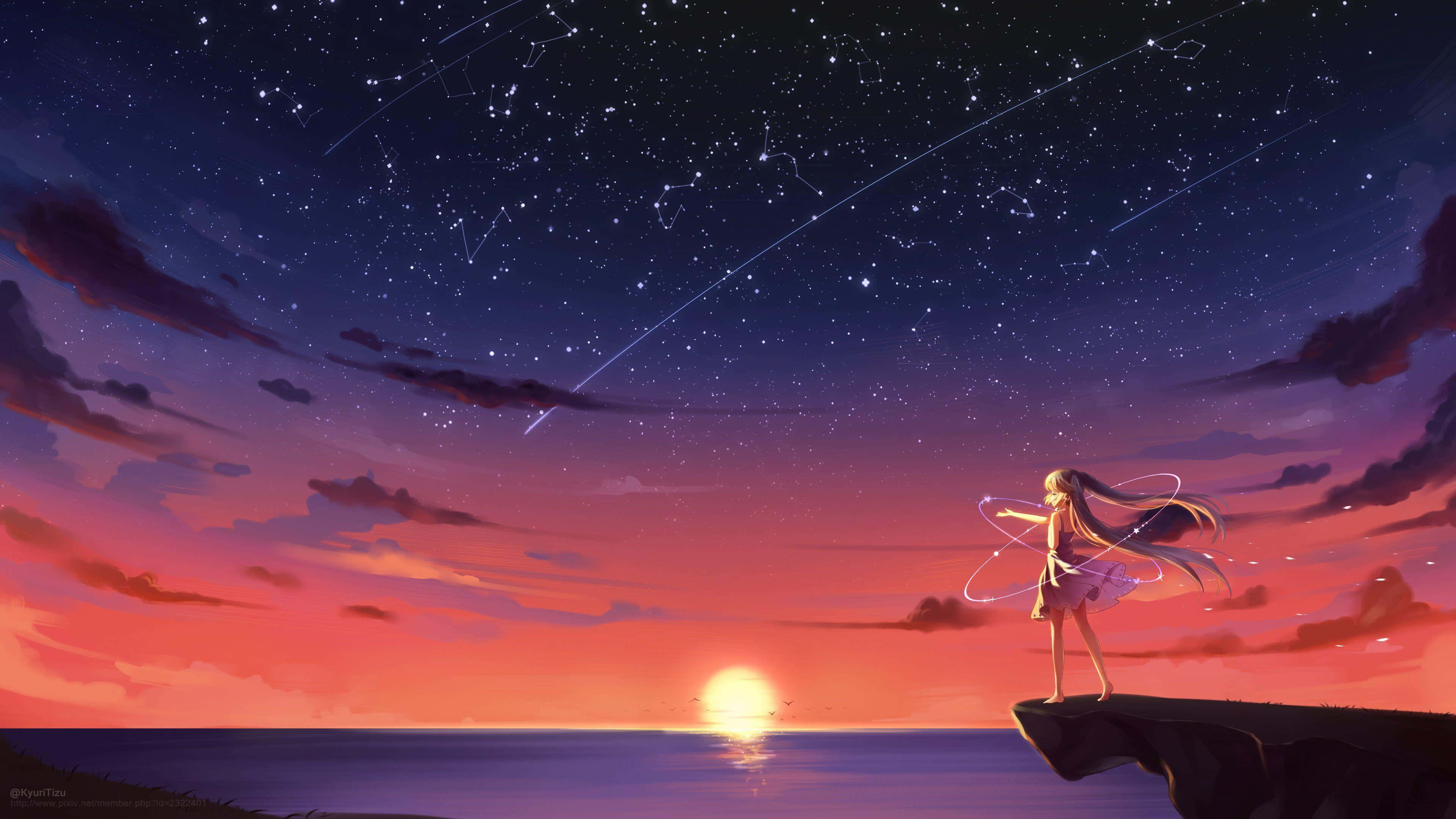 Anime Sunset 桌布 壁紙 — 一個孤獨的動漫女孩站在日落時的懸崖上，雙臂張開，流星劃過充滿活力的暮色天空。