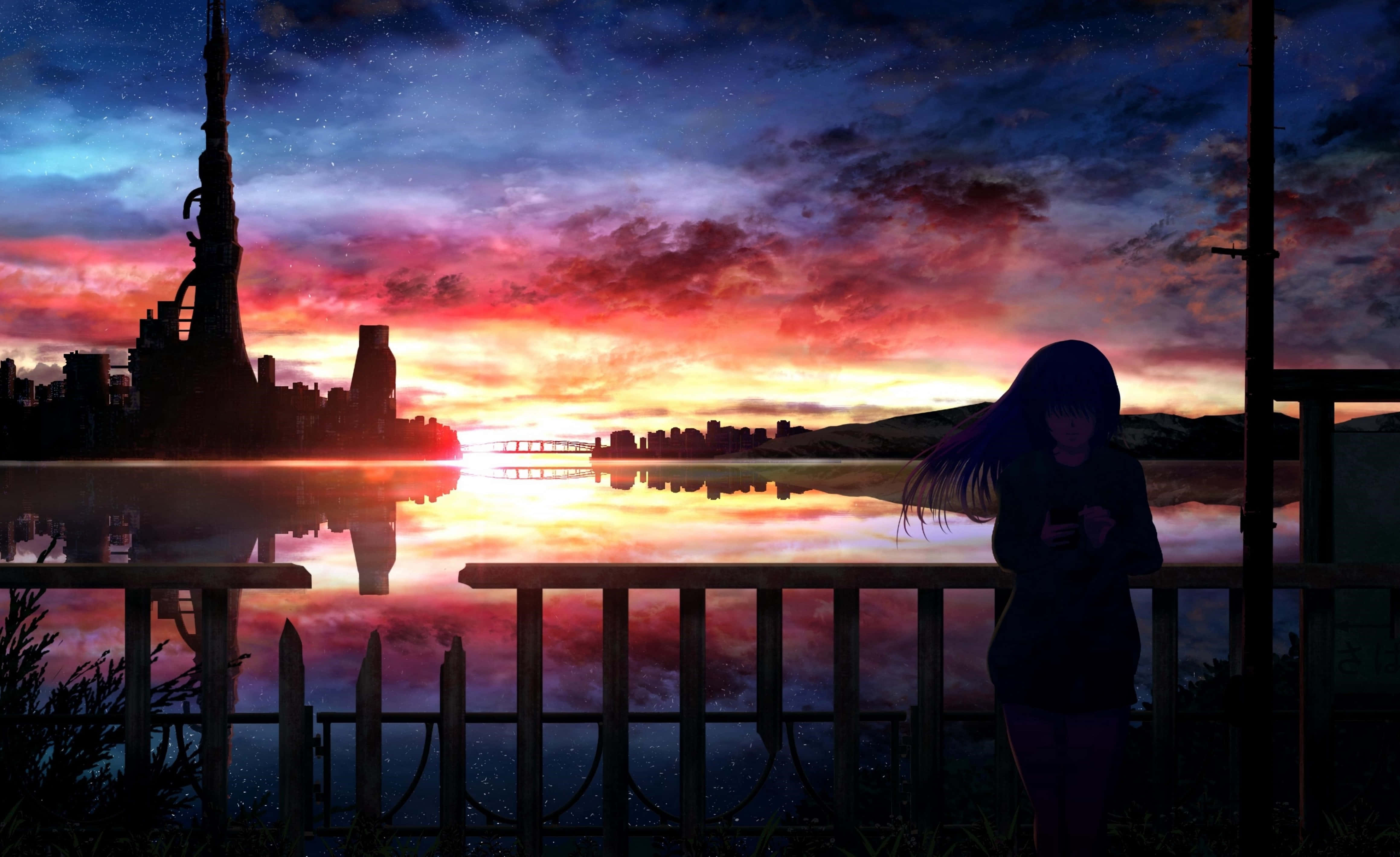Anime Sunset 桌布 壁紙 — 一個孤獨的動漫女孩站在欄杆上，看著水中倒映著的未來城市景觀上充滿活力的日落。