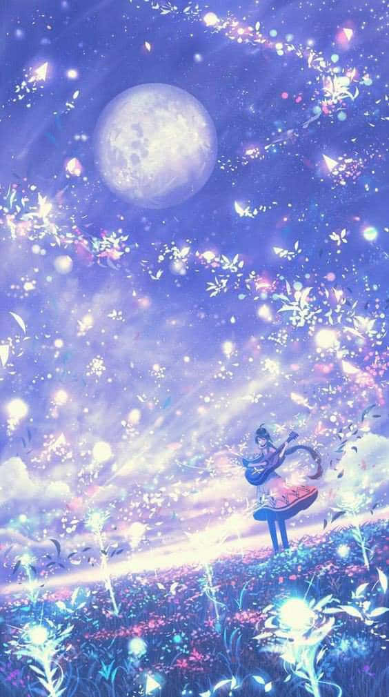 Beautiful Anime 桌布 壁紙 — 一個孤獨的動漫女孩站在滿月下發光的田野中，魔法蝴蝶和閃爍的光芒在她周圍旋轉。