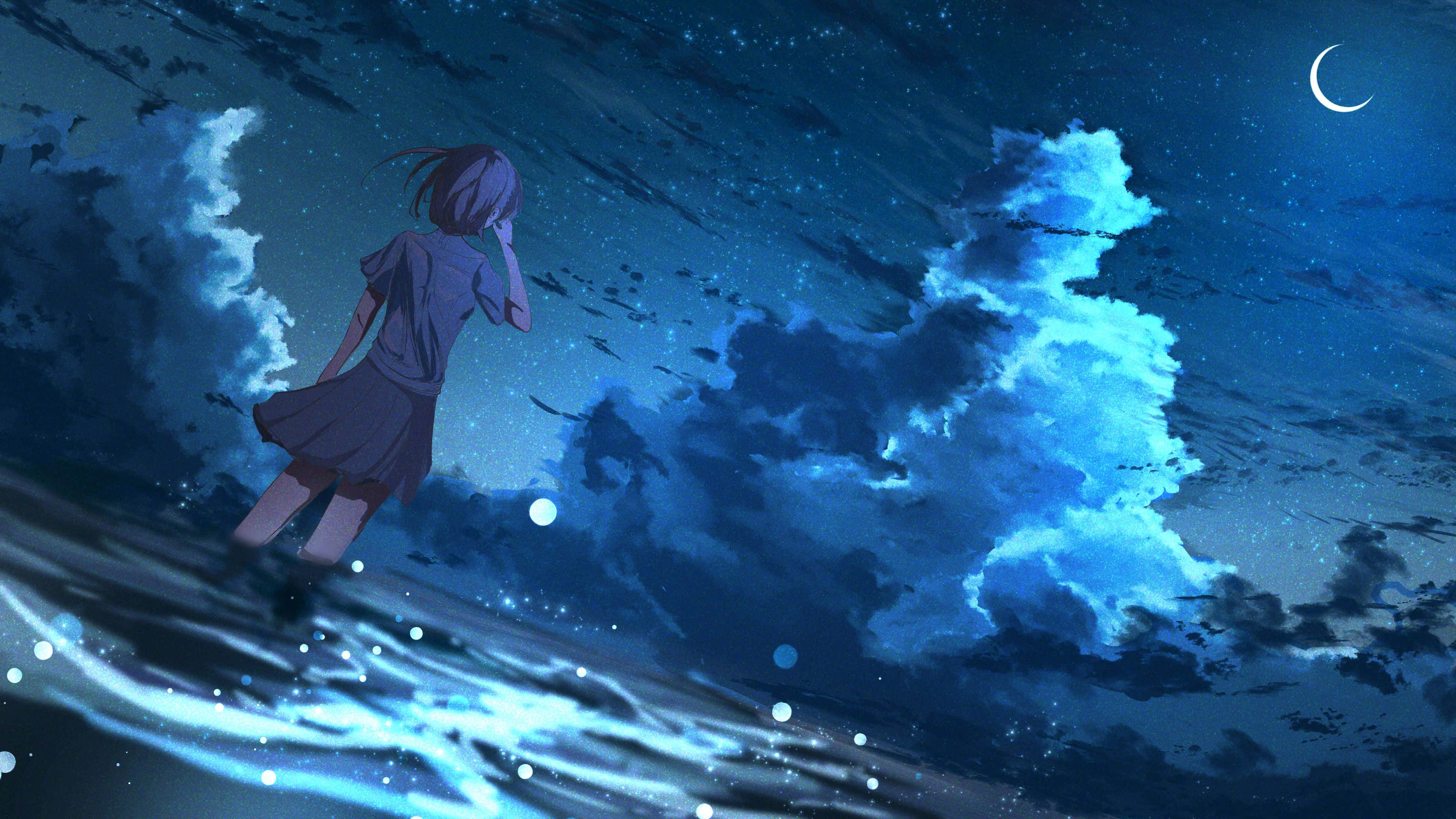 動漫 4K 桌布 壁紙 — 一個孤獨的動漫女孩站在發光的波浪上，在星空夜空下，有新月和旋轉的藍色雲彩。
