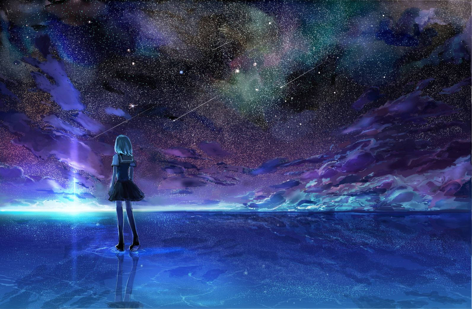 動漫女孩 桌布 壁紙 — 一個孤獨的動漫女孩站在發光的藍色表面上，凝視著充滿星星和星雲的充滿活力的宇宙天空。