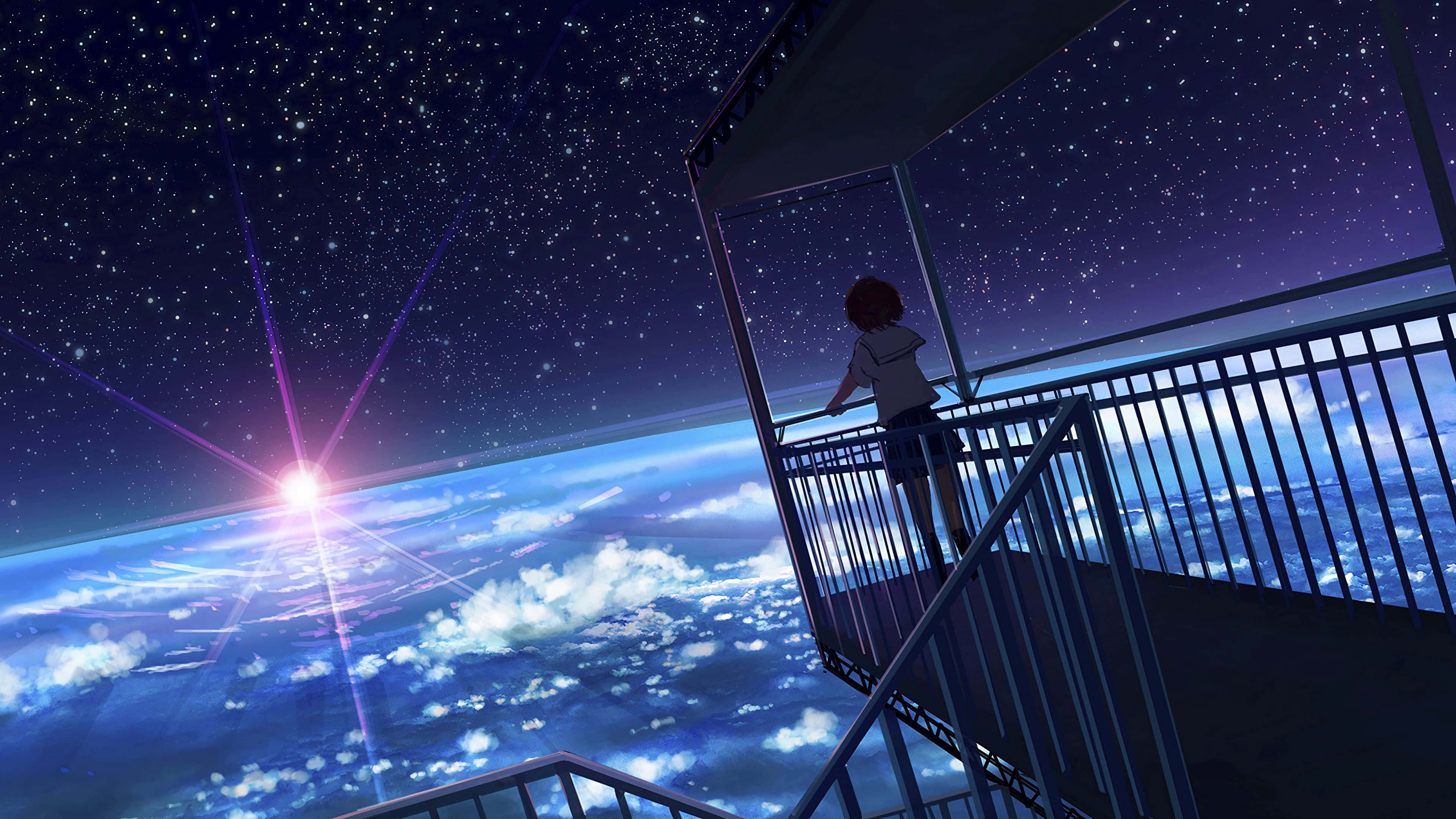 4K Anime Space 桌布 壁紙 — 一個孤獨的動漫女孩站在金屬觀景台上，凝視著有雲層的發光藍色行星上方的星空。