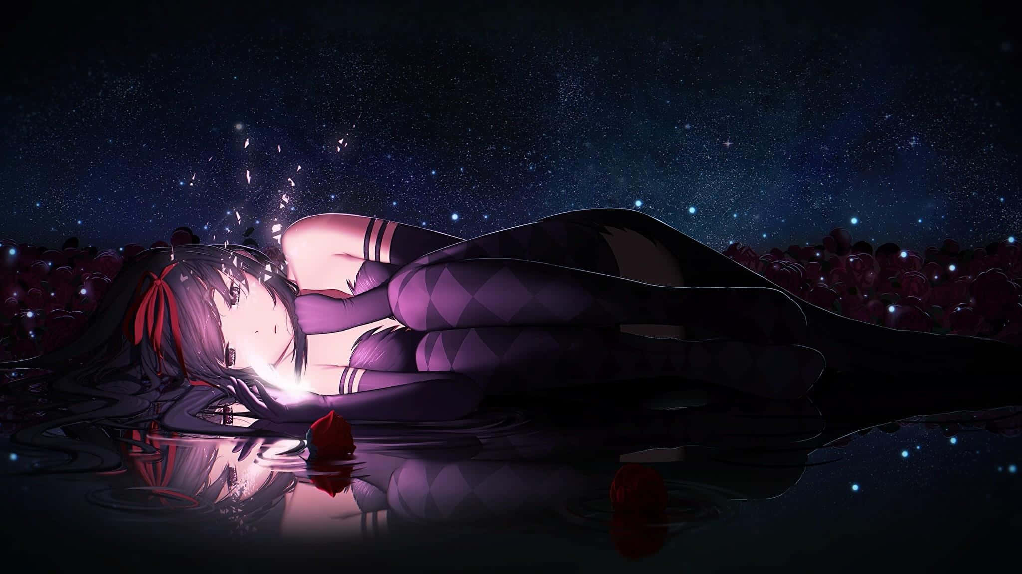 Depressing 桌布 壁紙 — 一個孤獨的動漫女孩繫著紅色絲帶，躺在星空下的黑暗水中，被發光的紅玫瑰環繞。